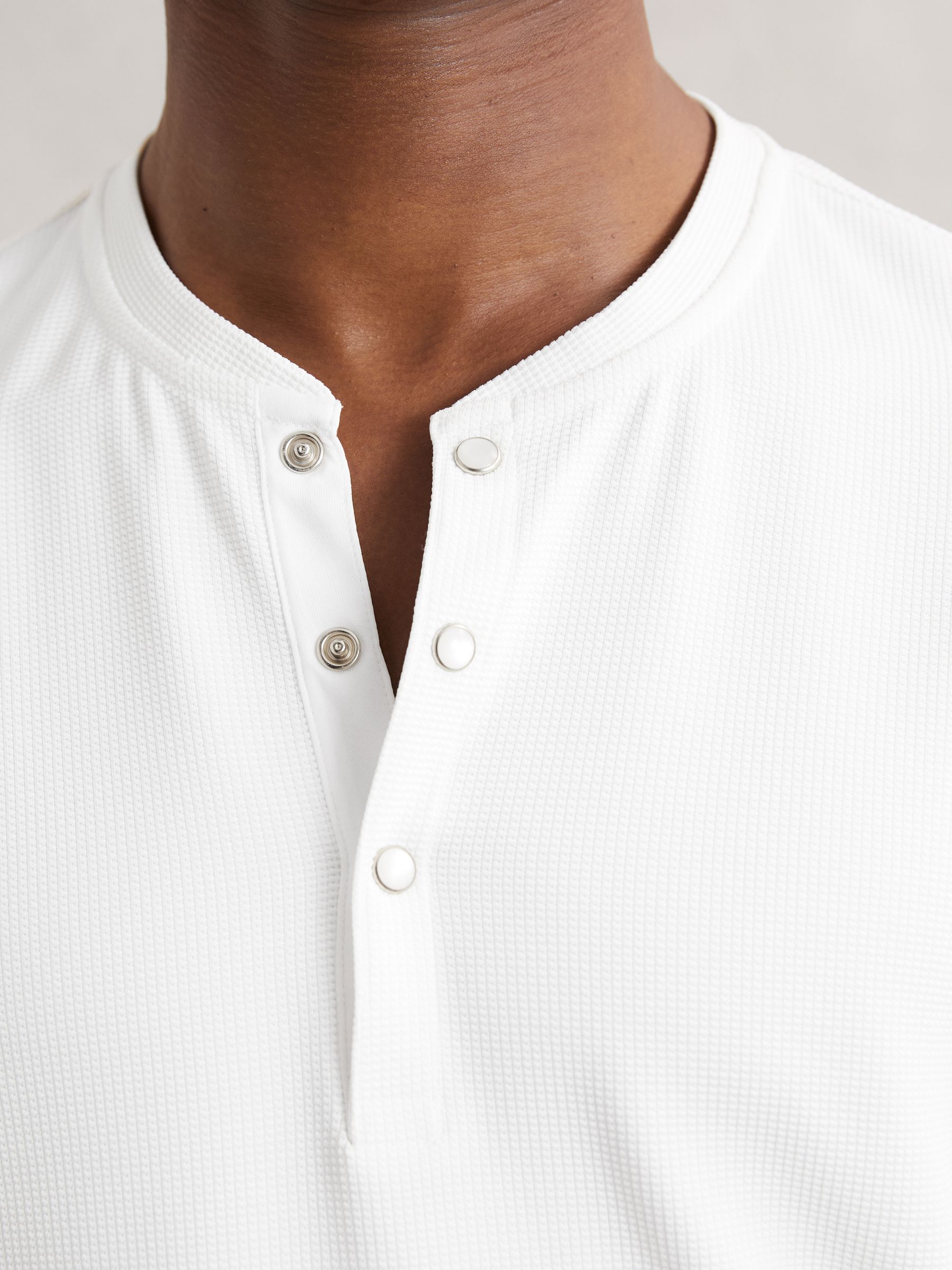 Textured Grandad-Collar Henley Shirt in White - Image 3 of 6