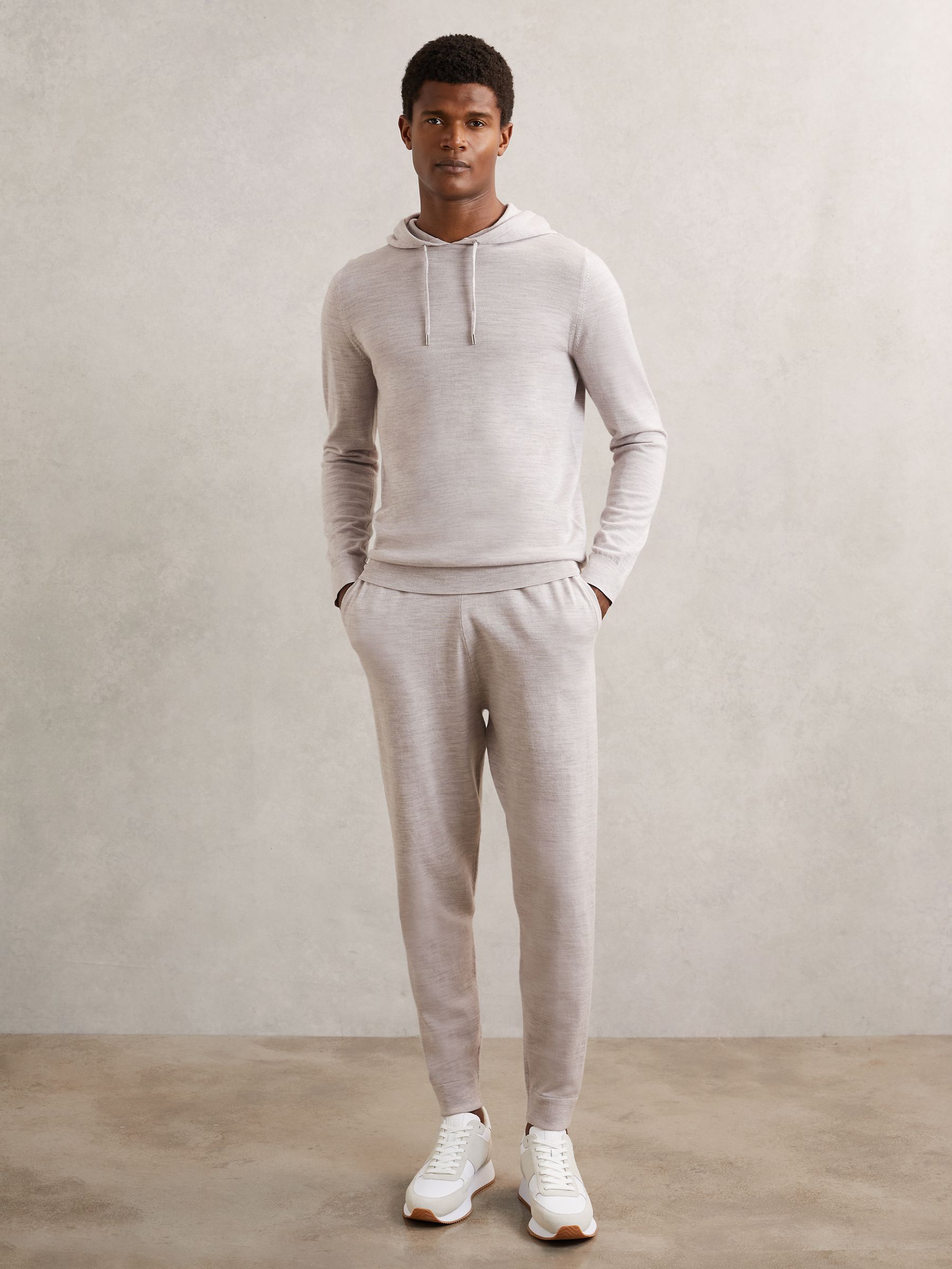 Reiss Merino Wool Drawstring Hoodie in Wicker Brown Melange | REISS