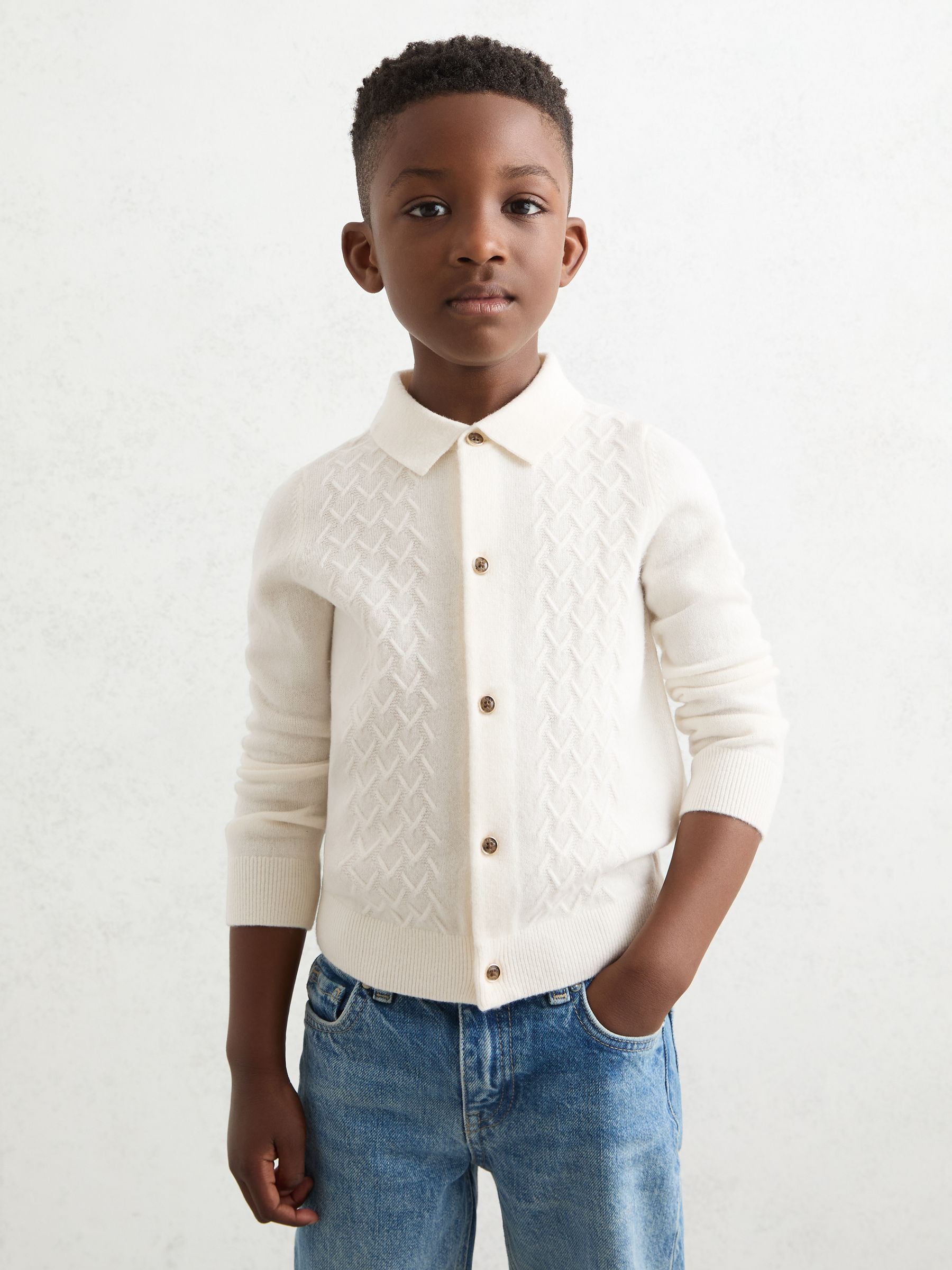 13-14 yrs Wool V-Stitch Button-Through Cardigan in Off White - Image 2 of 4