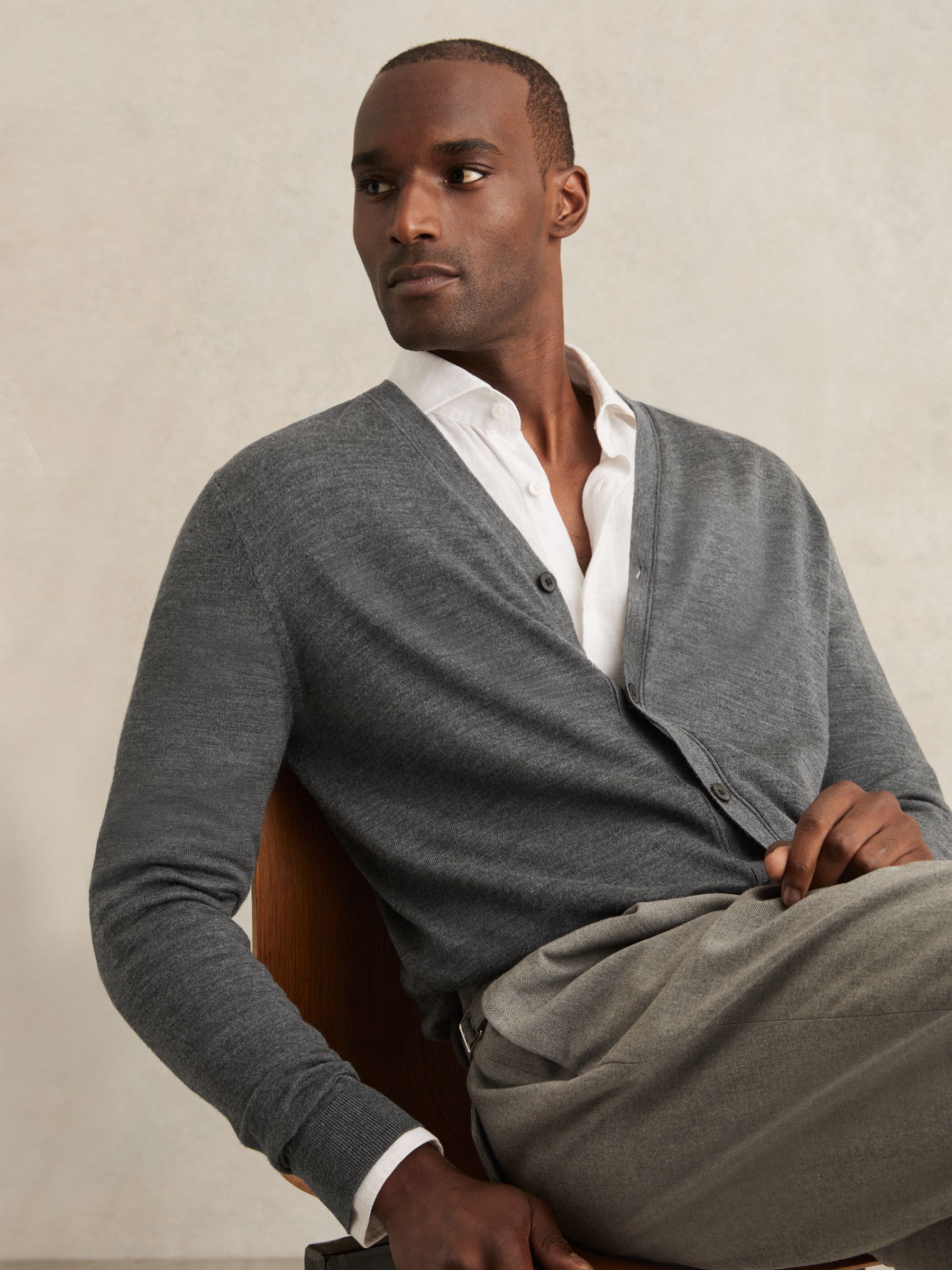 Merino Wool Button-Through Cardigan in Derby Grey Melange - Image 1 of 7 Merino Wool Button-Through Cardigan in Derby Grey Melange - Image 1 of 7