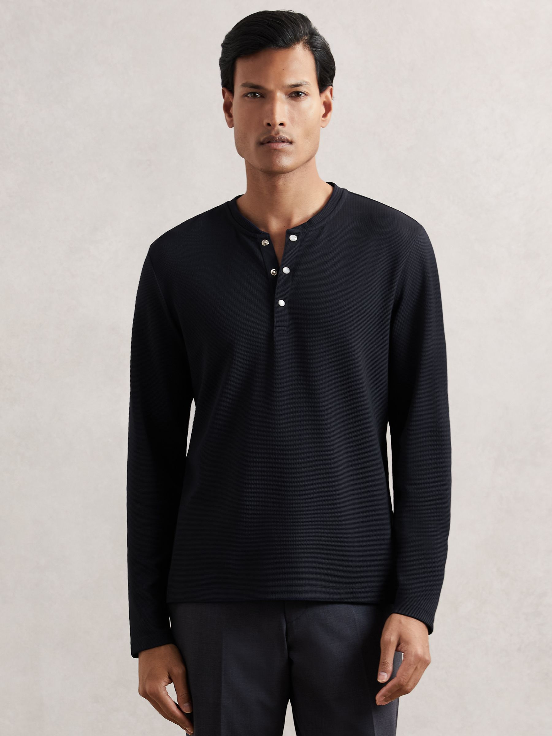 Textured Grandad-Collar Henley Shirt in Navy - Image 1 of 7