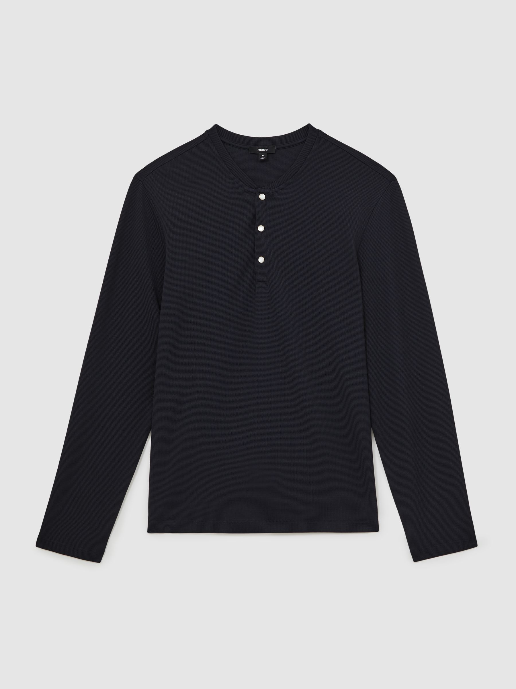 Textured Grandad-Collar Henley Shirt in Navy - Image 2 of 7