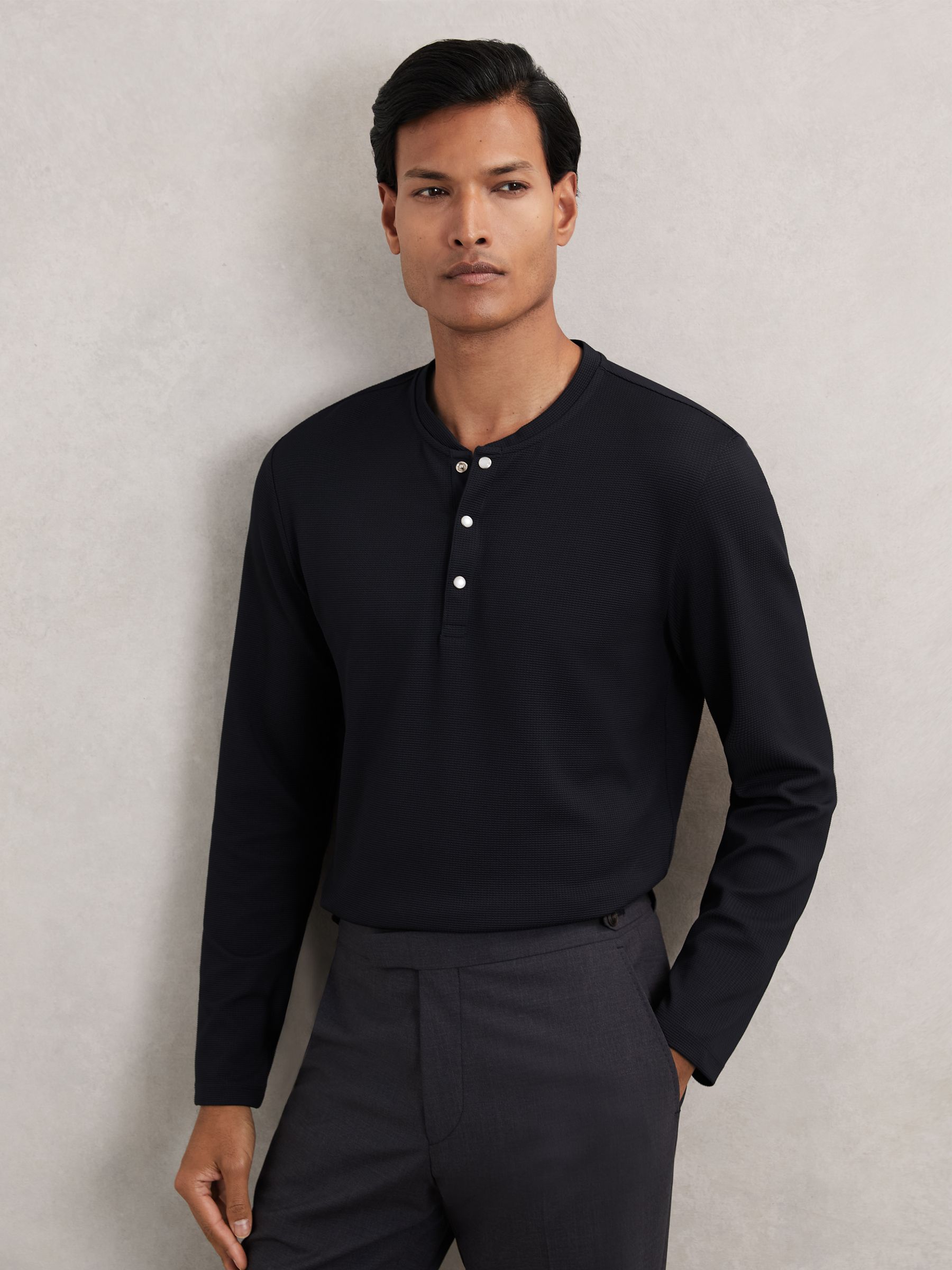 Textured Grandad-Collar Henley Shirt in Navy - Image 4 of 7