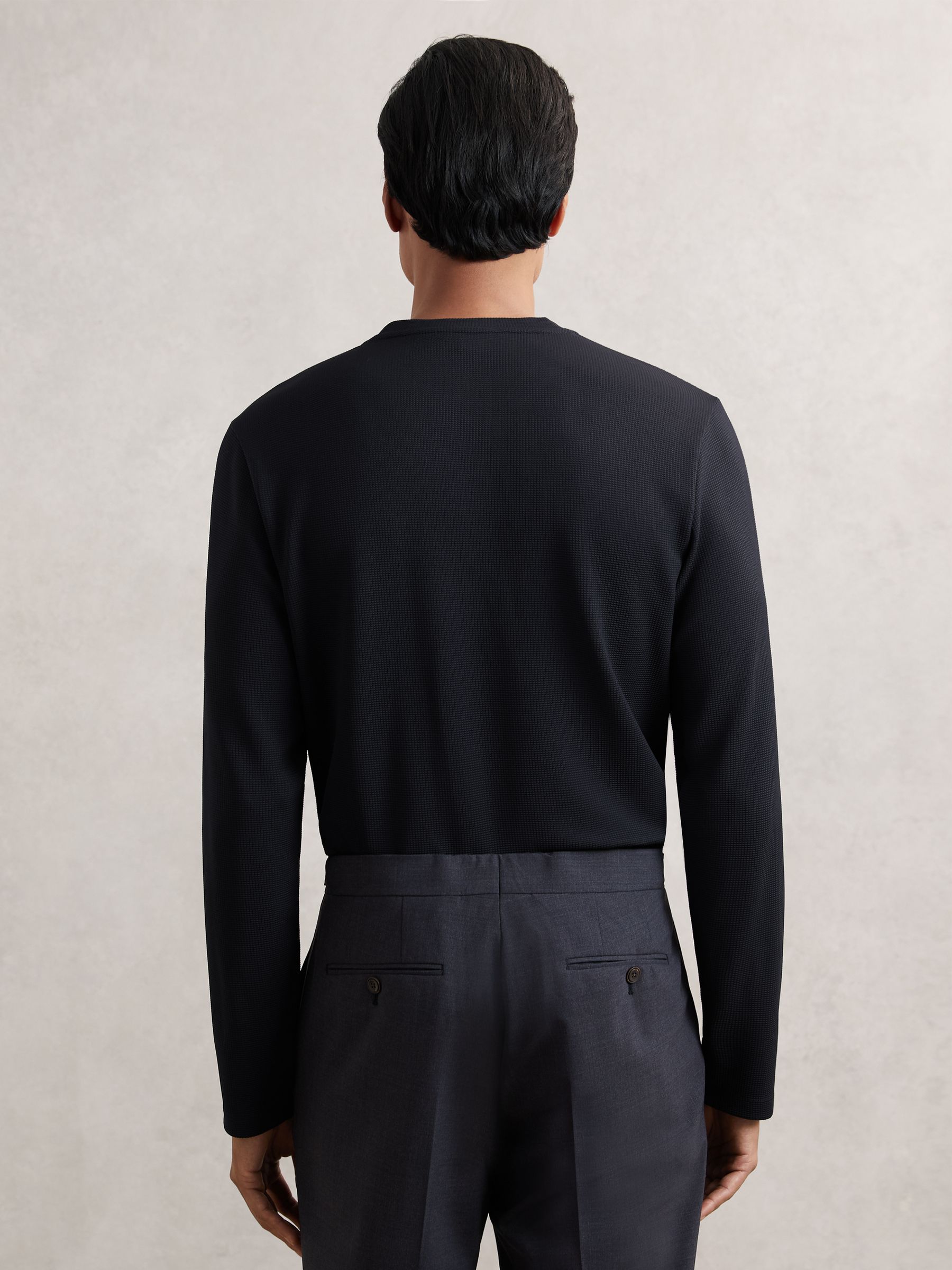 Textured Grandad-Collar Henley Shirt in Navy - Image 6 of 7