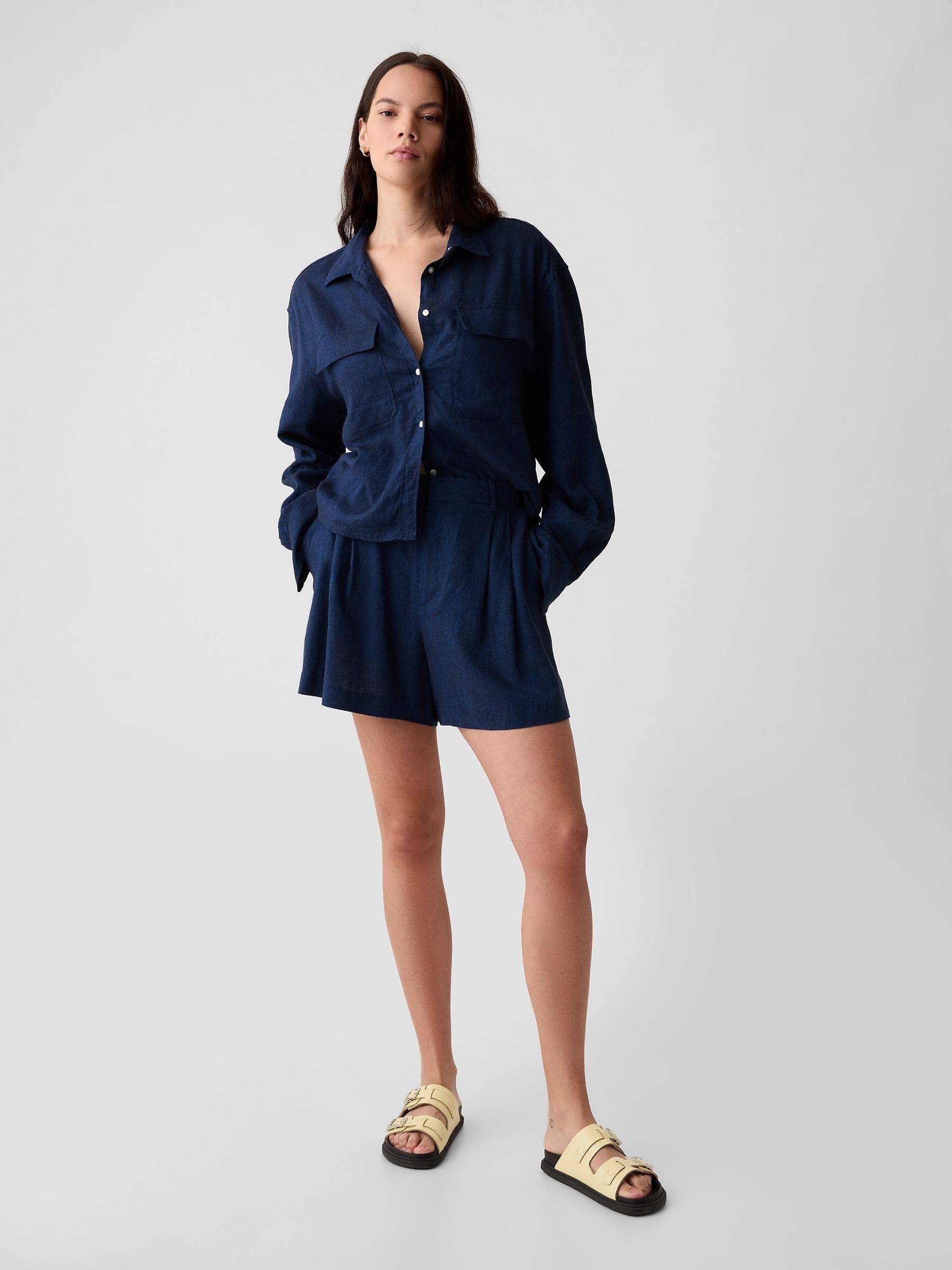 Navy/Blue 4" Linen Cotton Everyday Shorts - Image 3 of 5