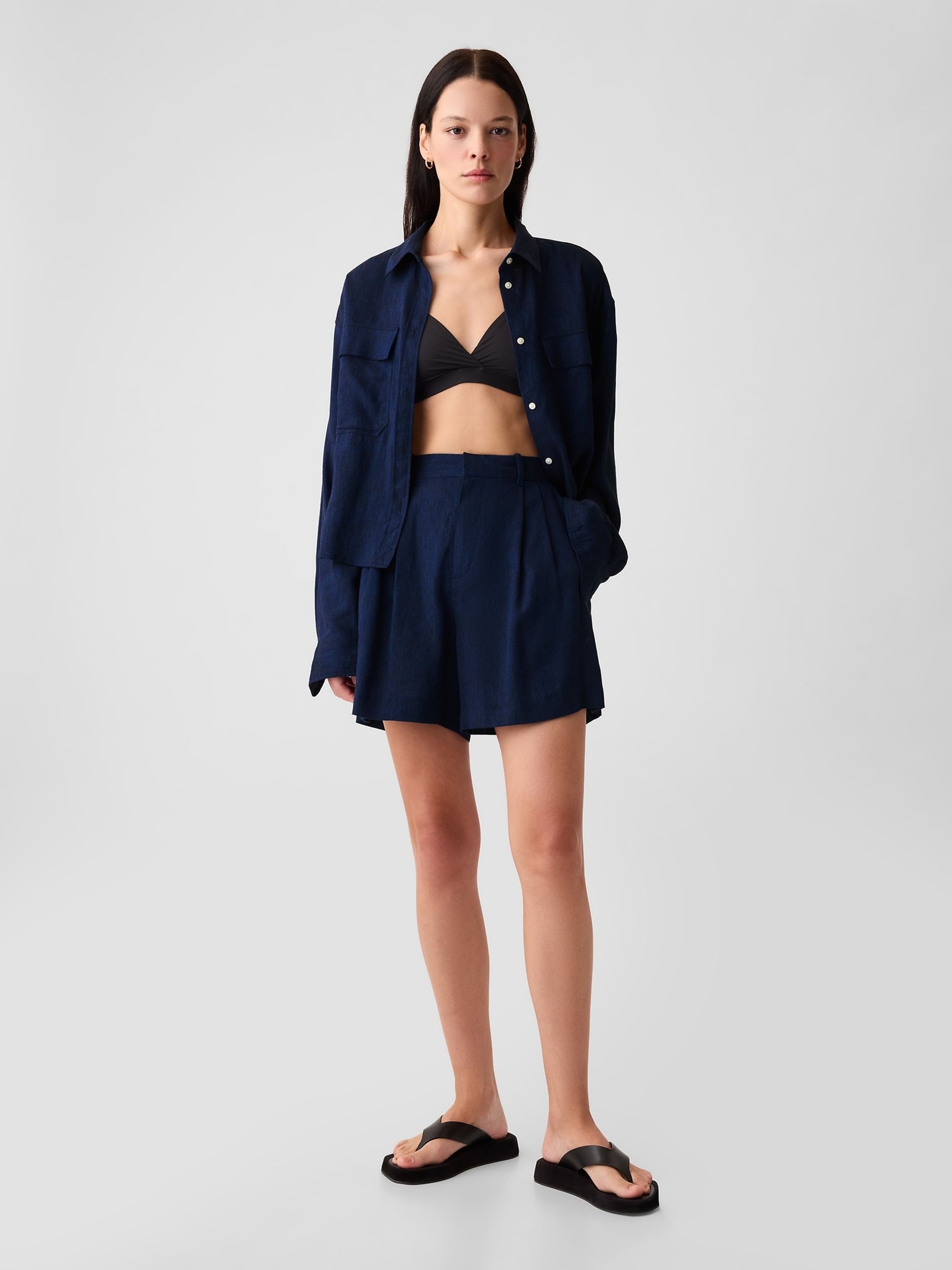 Navy/Blue 4" Linen Cotton Everyday Shorts - Image 5 of 5