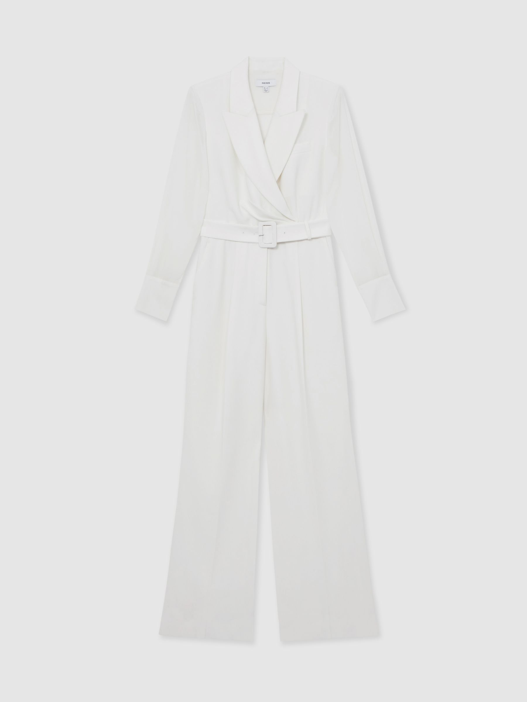 Sheer-Sleeve Wide-Leg Tuxedo Jumpsuit in Ivory - Image 2 of 7