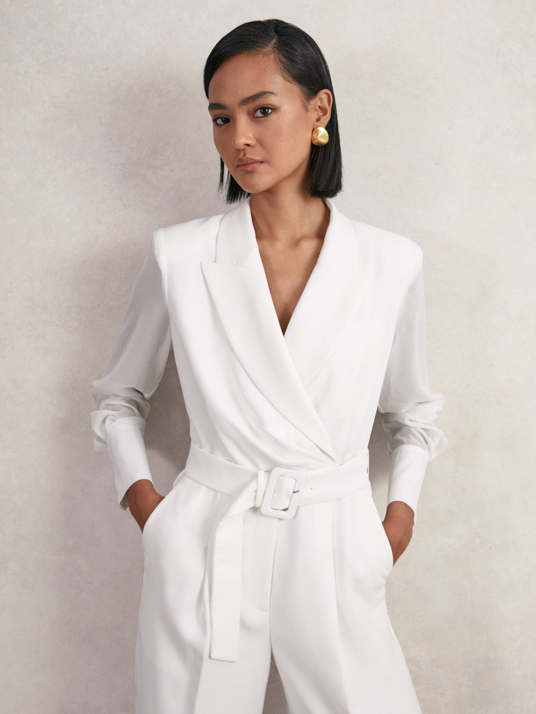 Sheer-Sleeve Wide-Leg Tuxedo Jumpsuit in Ivory - Image 3 of 7