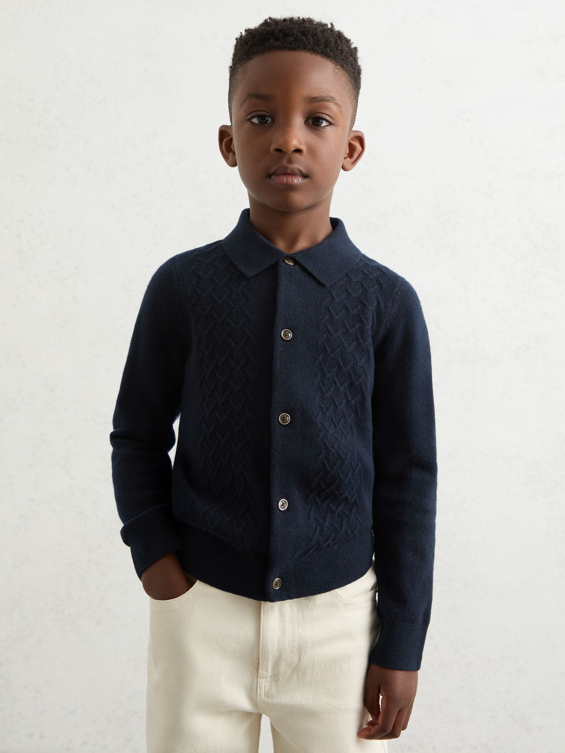 13-14 yrs Wool V-Stitch Button-Through Cardigan in Navy Blue - Image 2 of 5
