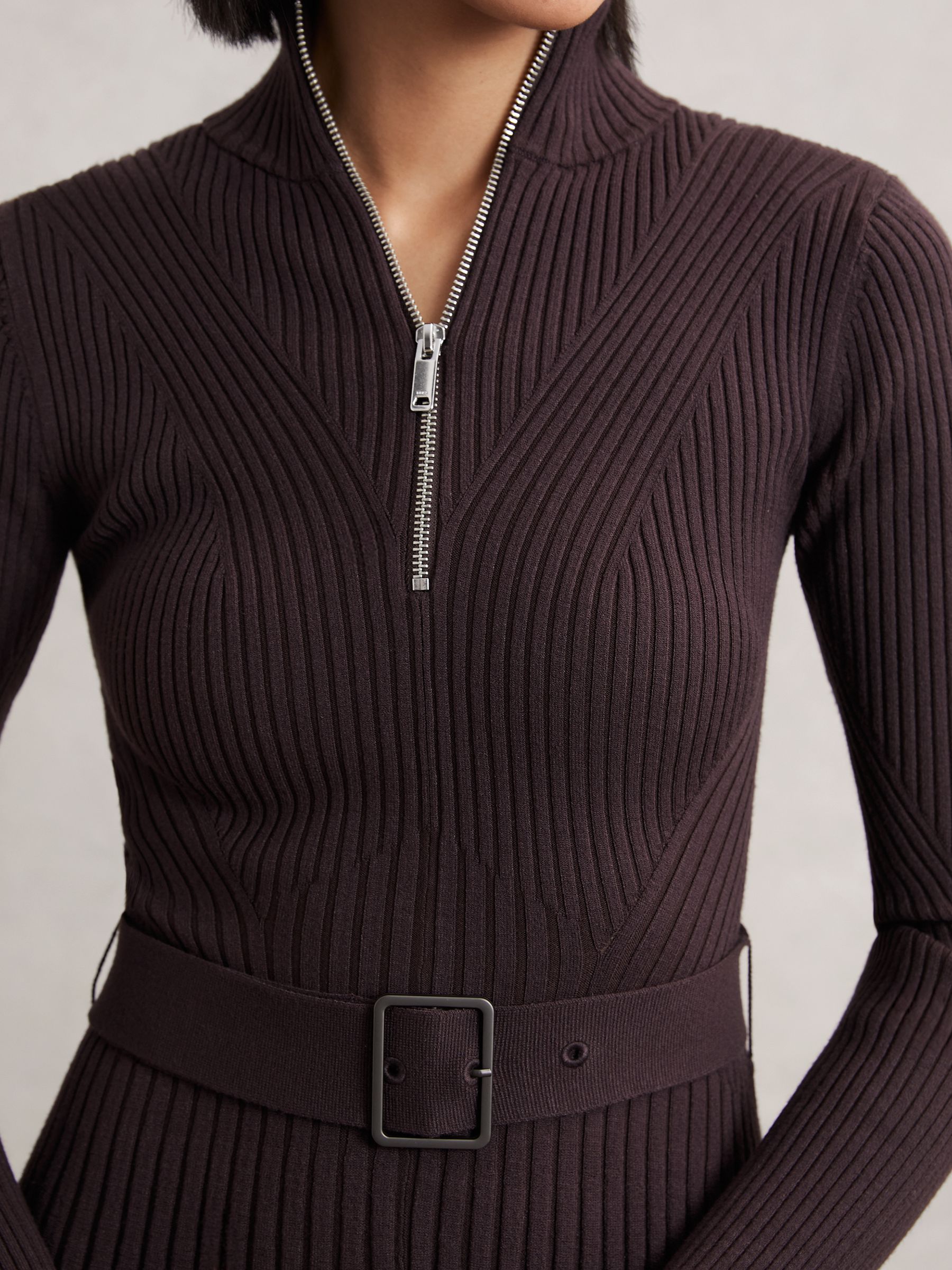 Rib-Knit Belted Half-Zip Flippy Dress in Plum Purple - Image 3 of 6