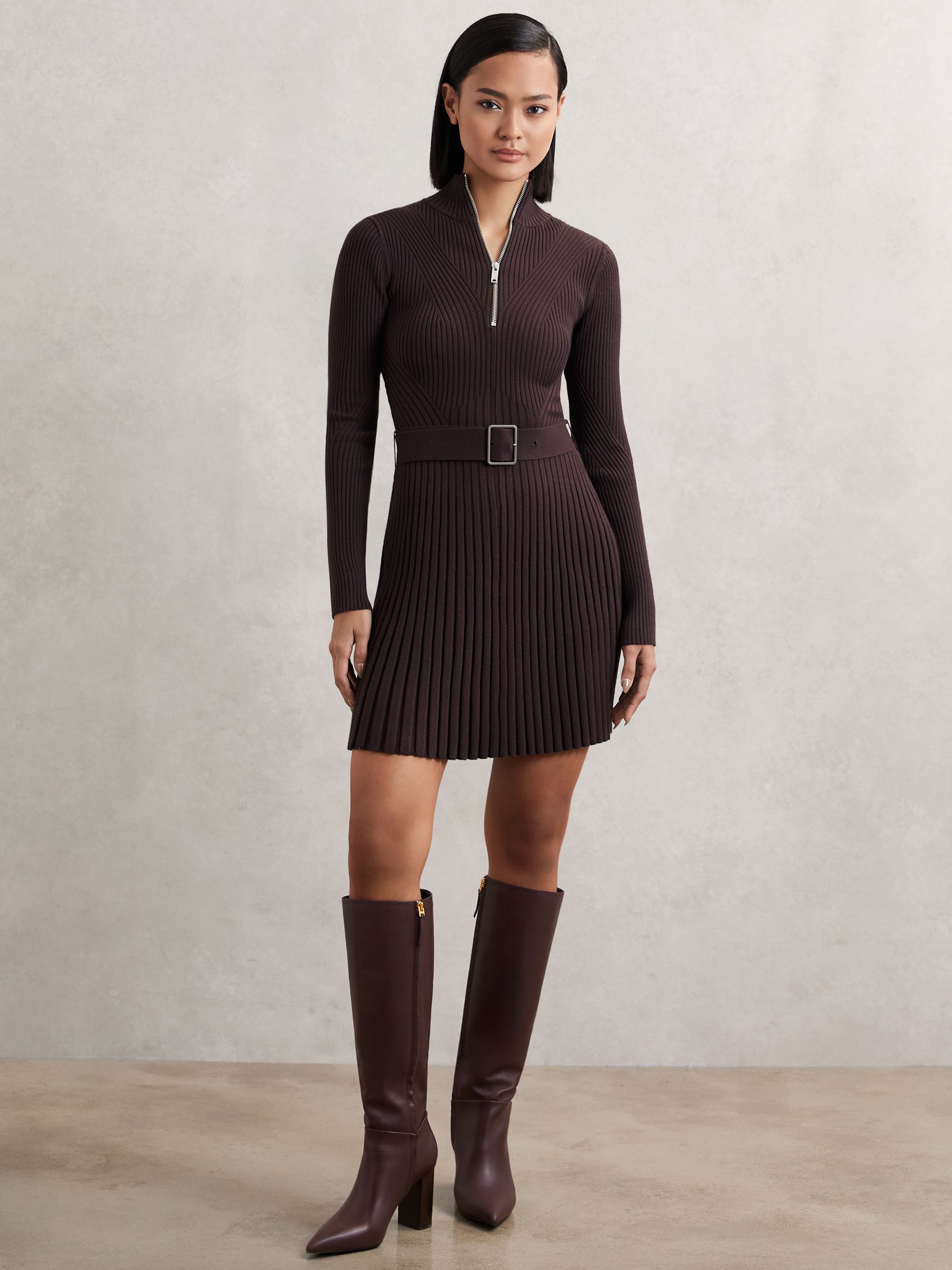 Rib-Knit Belted Half-Zip Flippy Dress in Plum Purple - image 5
