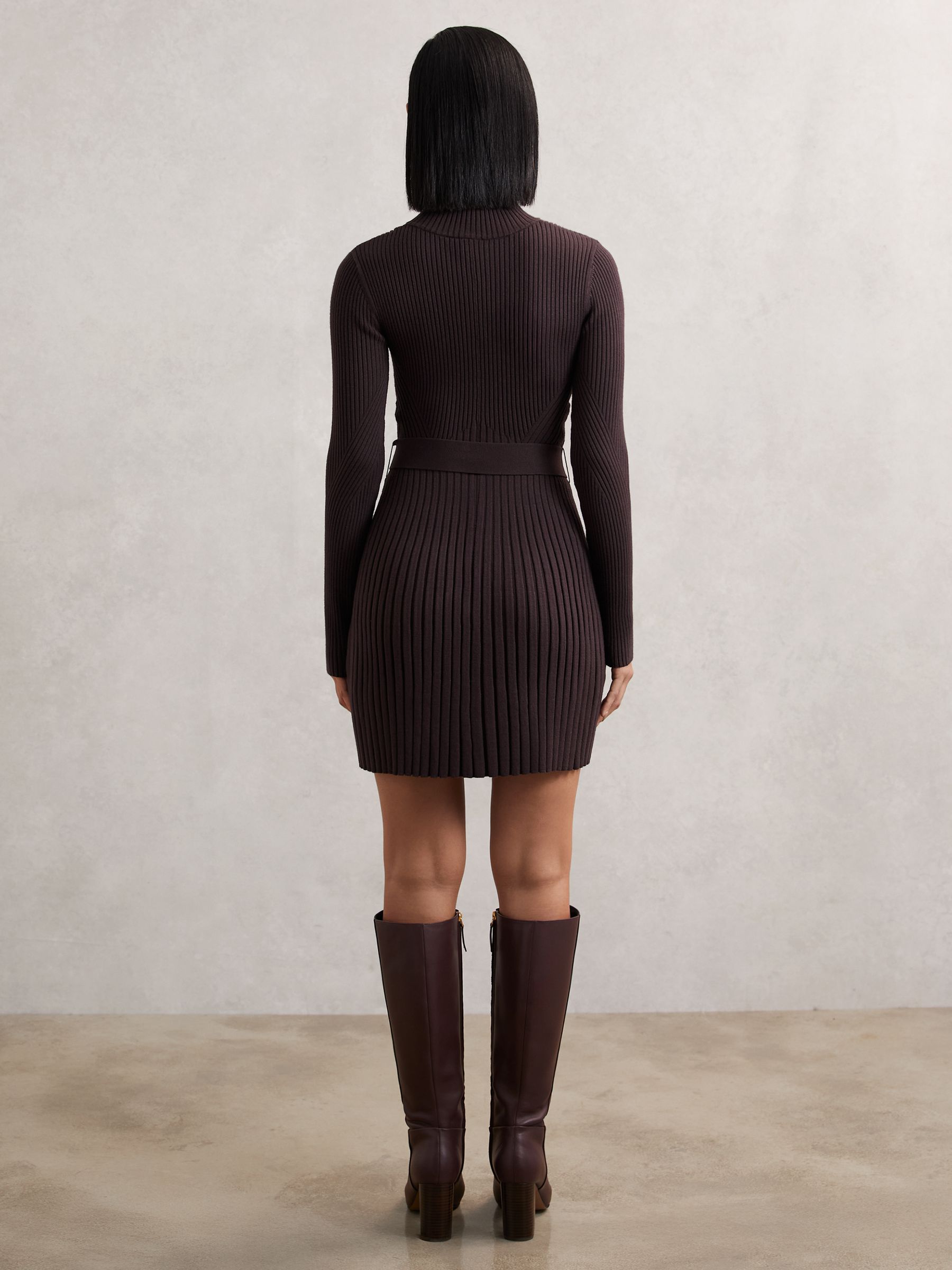 Rib-Knit Belted Half-Zip Flippy Dress in Plum Purple - image 4