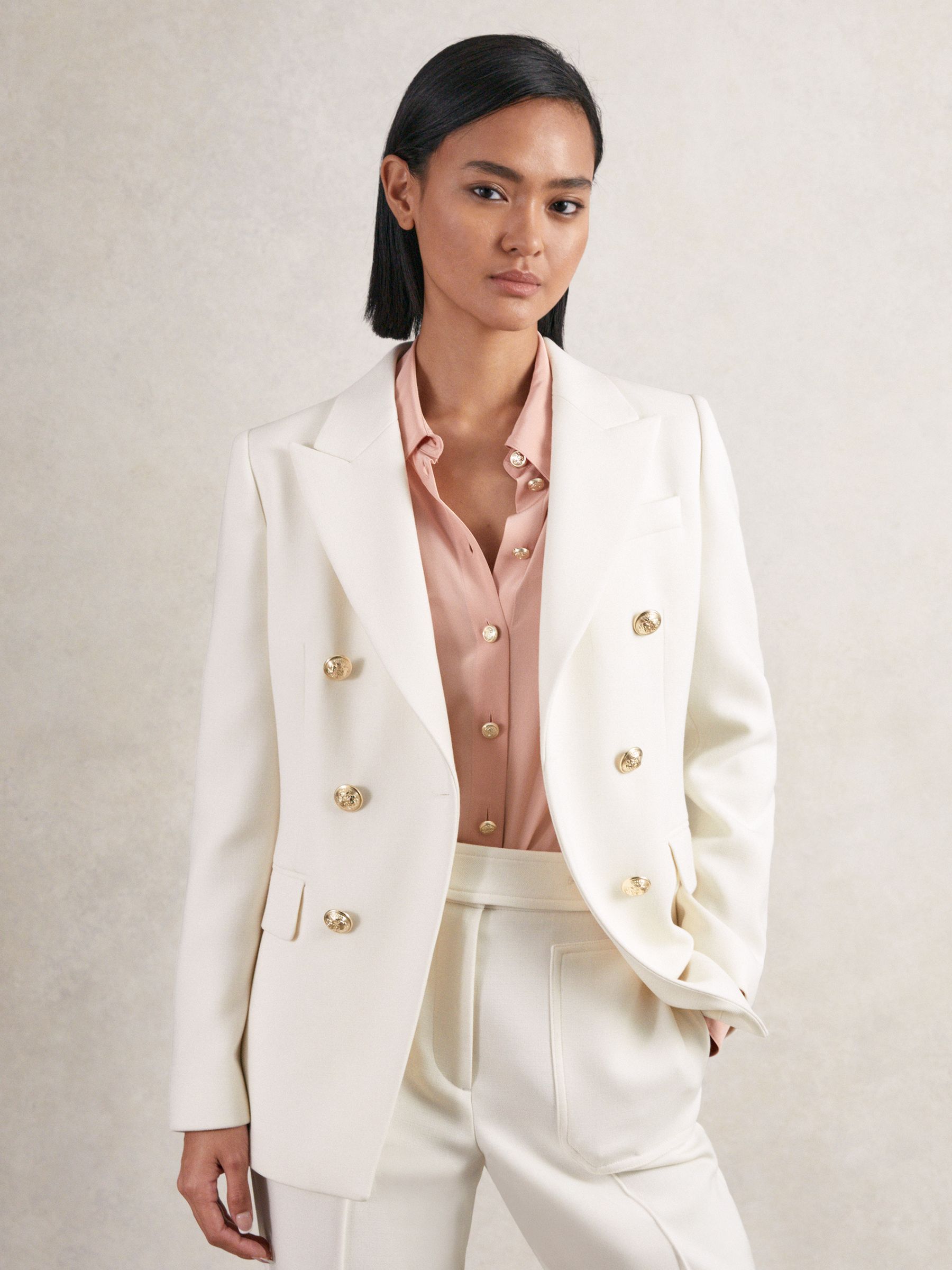 Double-Breasted Twill Suit Blazer With Wool in White - Image 1 of 7