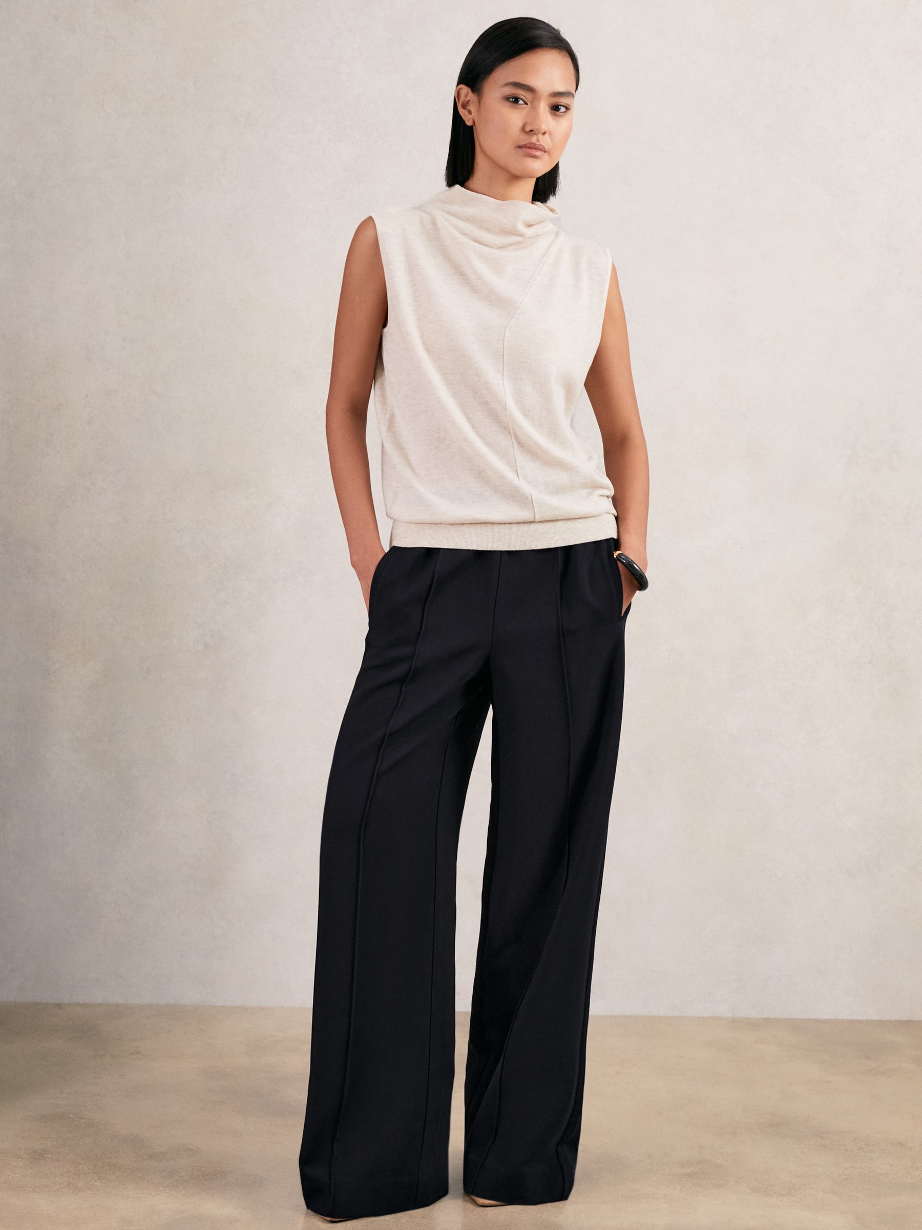 Petite Wide Leg Elasticated Waist Trousers in Navy - Image 1 of 7 Petite Wide Leg Elasticated Waist Trousers in Navy - Image 1 of 7