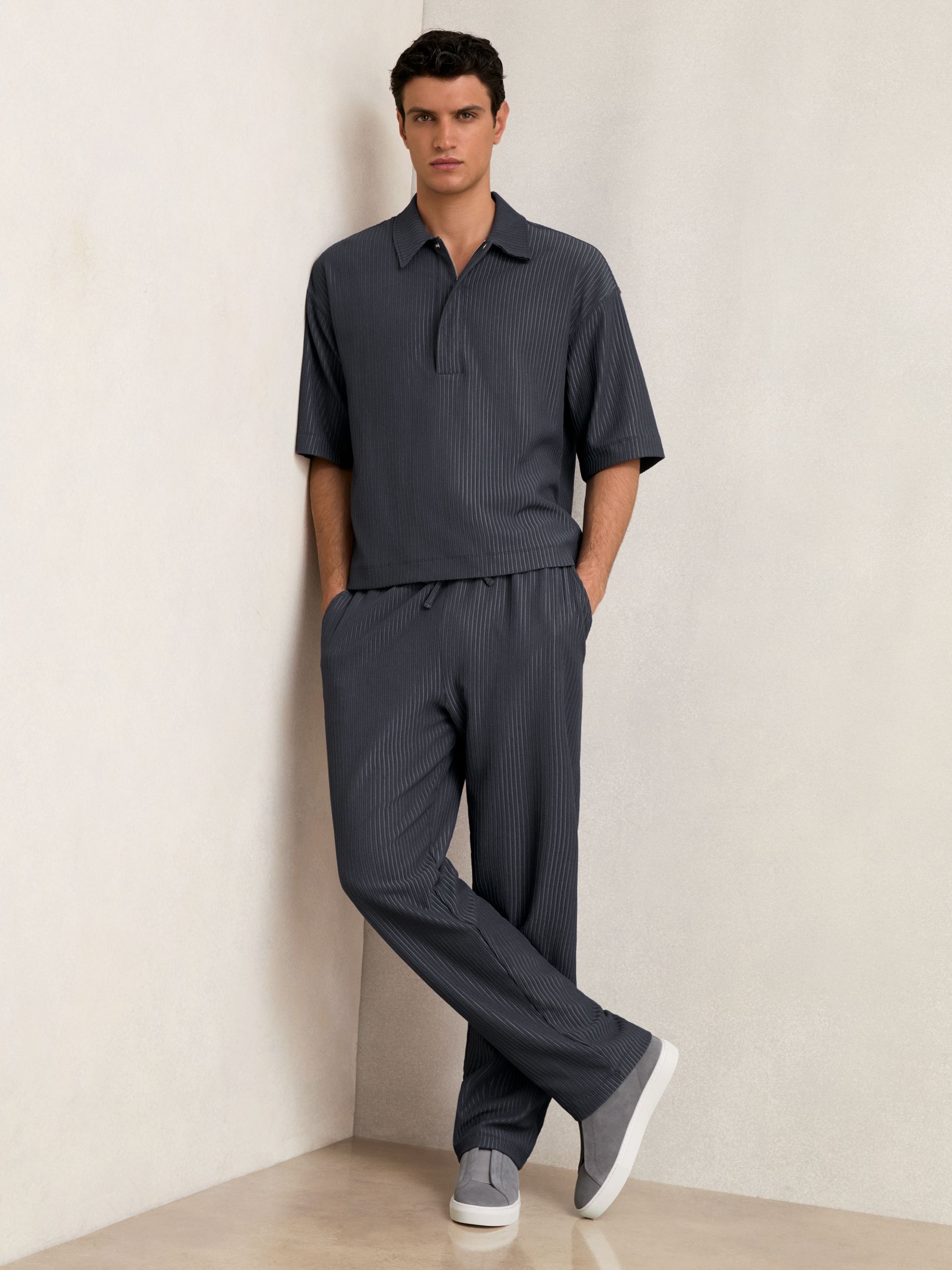 Textured Stripe Drawstring Trousers in Petrol Blue - Image 1 of 7