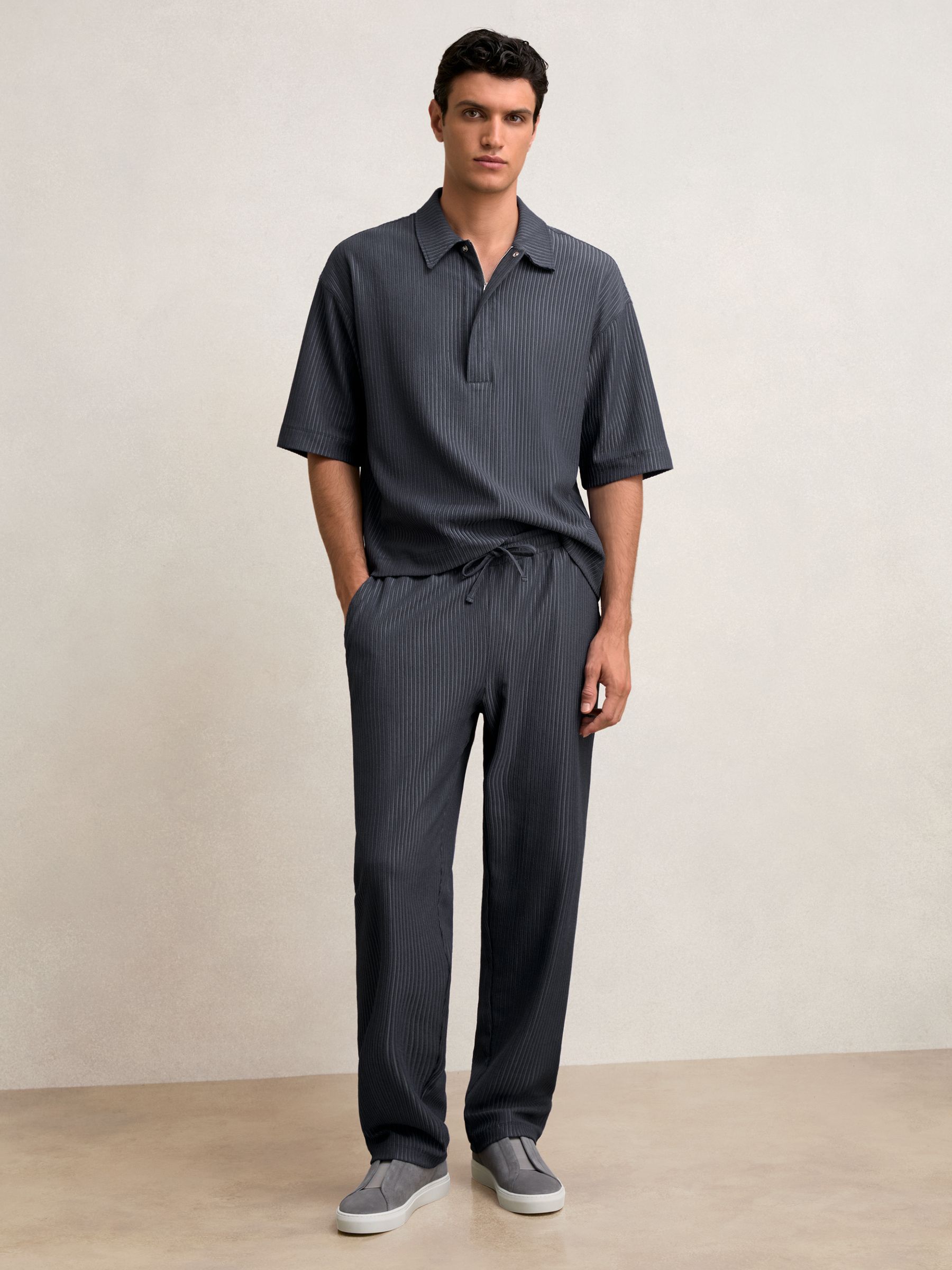 Textured Stripe Drawstring Trousers in Petrol Blue - Image 6 of 7