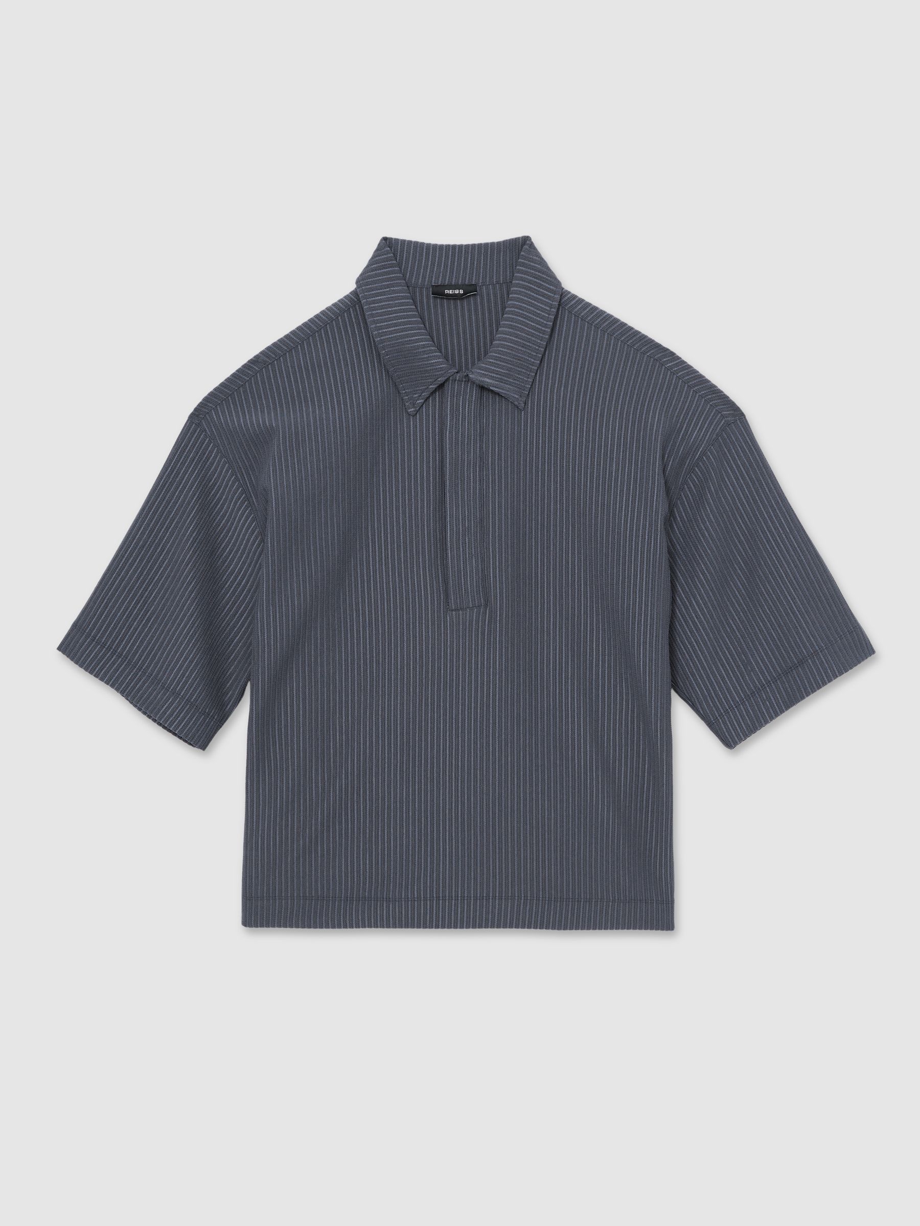 Oversized Textured Stripe Polo Shirt in Petrol Blue - Image 2 of 6