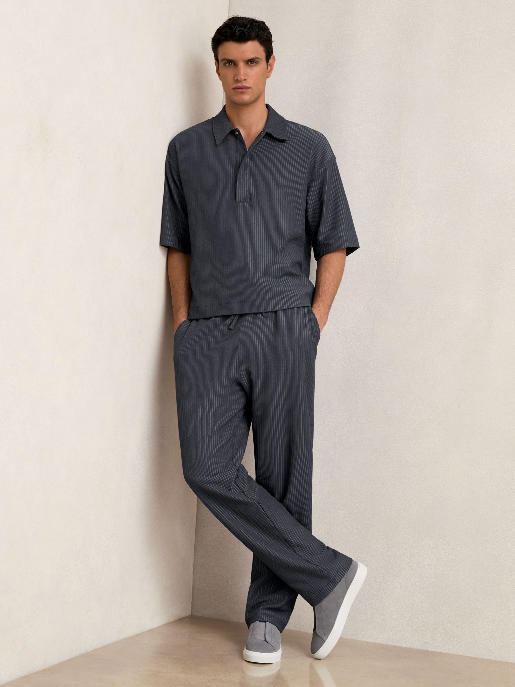 Oversized Textured Stripe Polo Shirt in Petrol Blue - Image 3 of 6