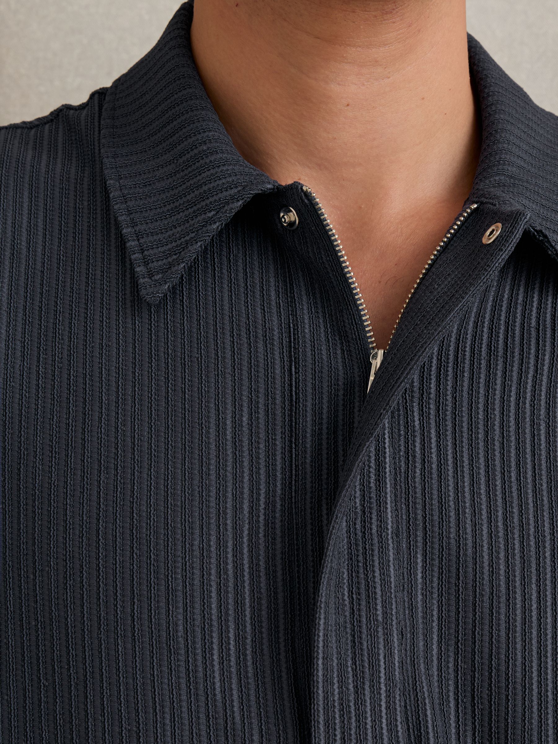 Oversized Textured Stripe Polo Shirt in Petrol Blue - Image 4 of 6