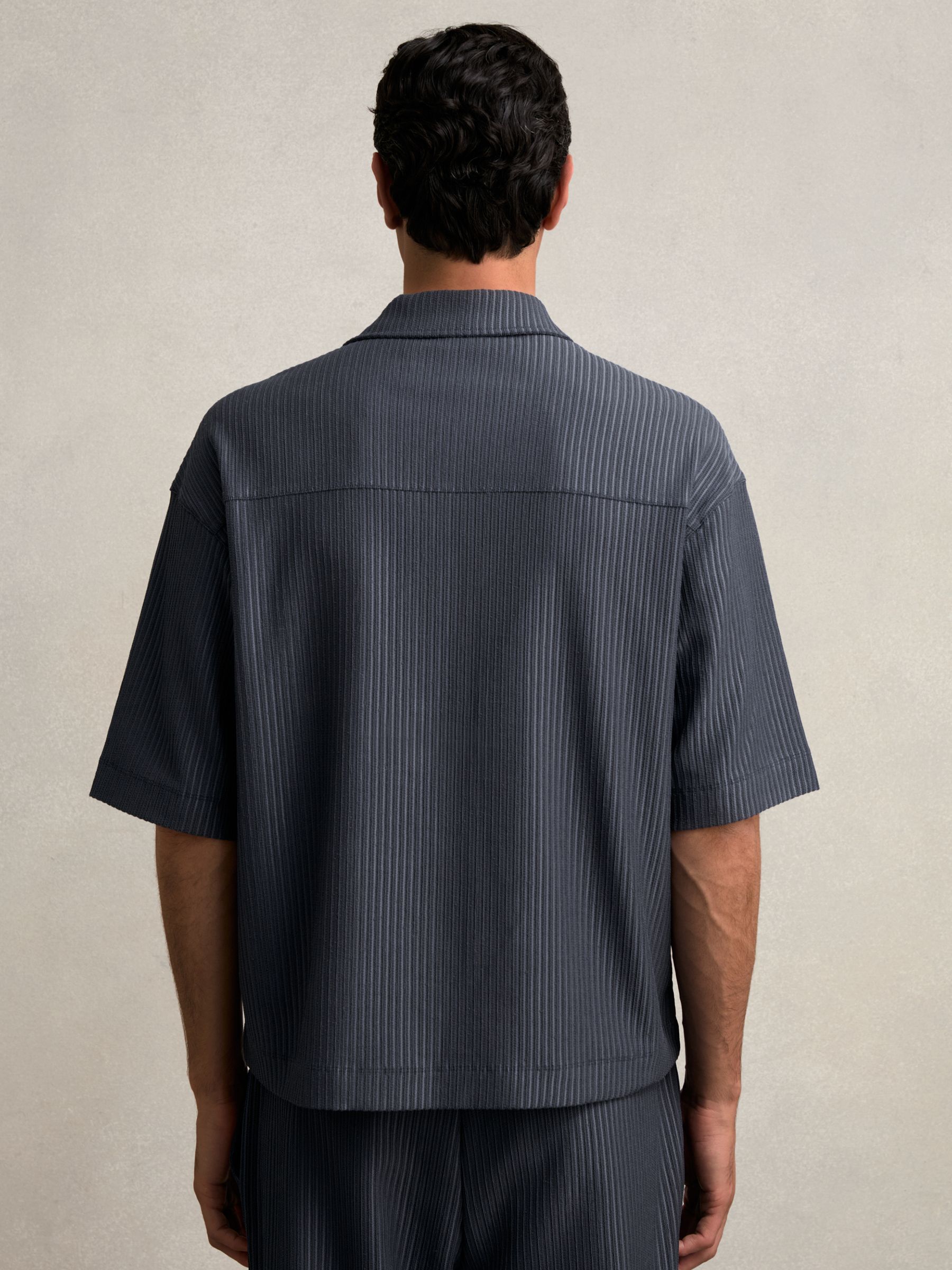 Oversized Textured Stripe Polo Shirt in Petrol Blue - Image 5 of 6