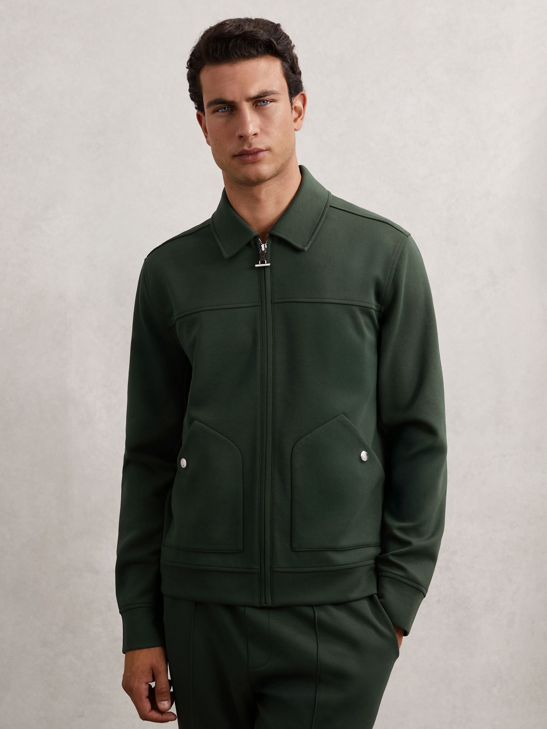 Leather-Placket Interlock Sweatshirt in Dark Sage Green - Image 4 of 7