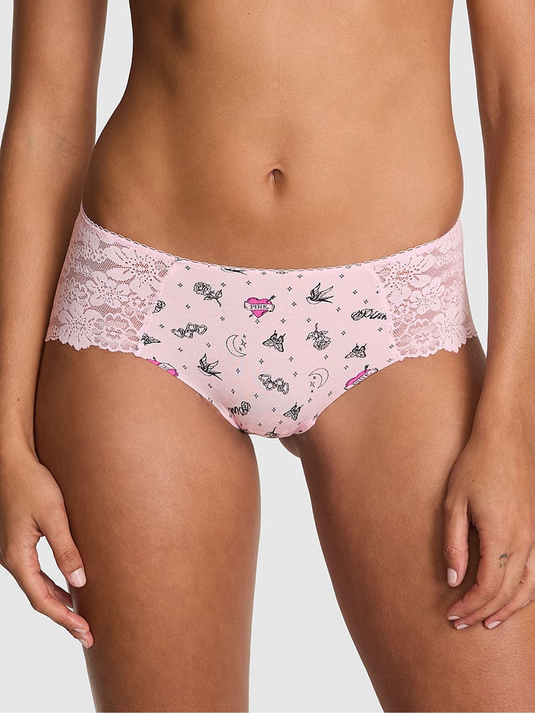 Pink Tattoo Print Hipster No Show Lace Trim Knickers - Image 1 of 2