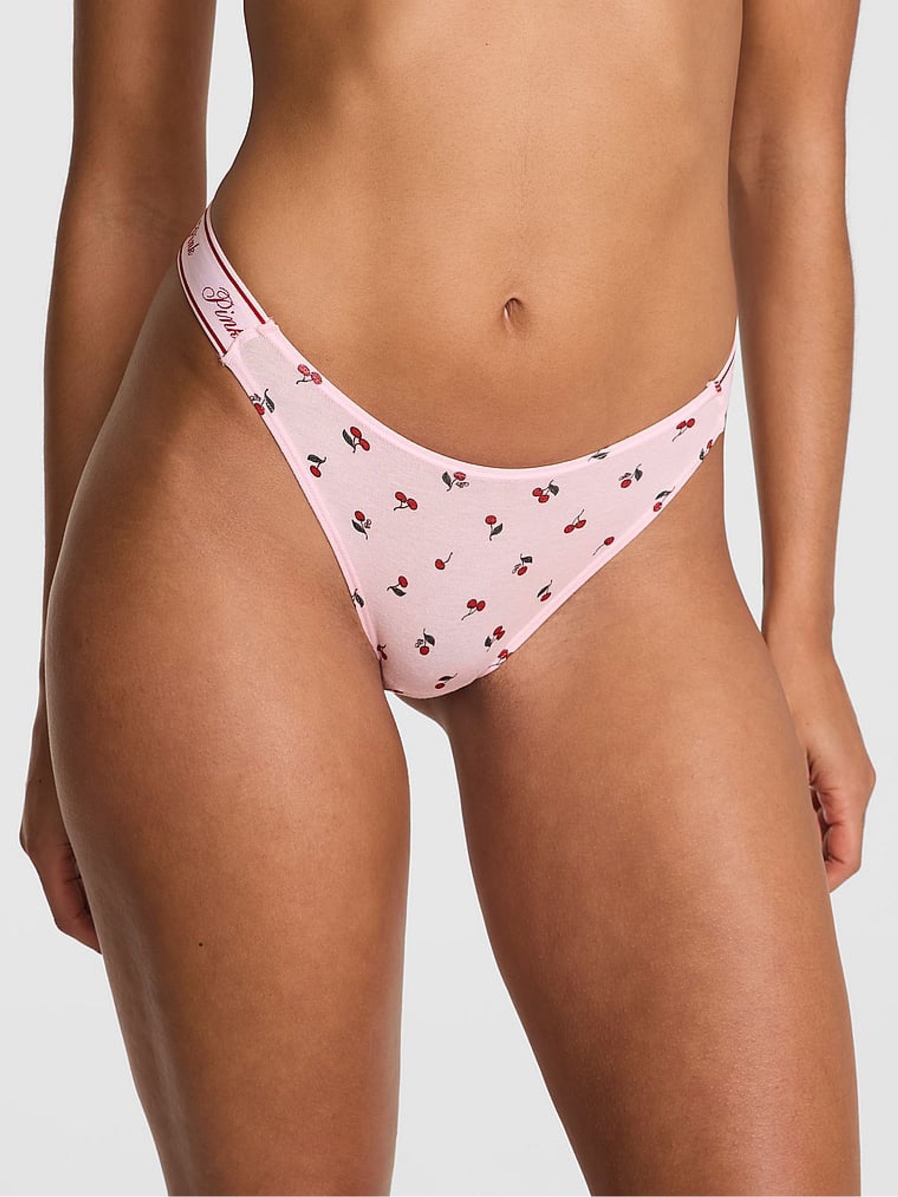 Pink Cherry Print Thong Cotton Logo Knickers - Image 1 of 3