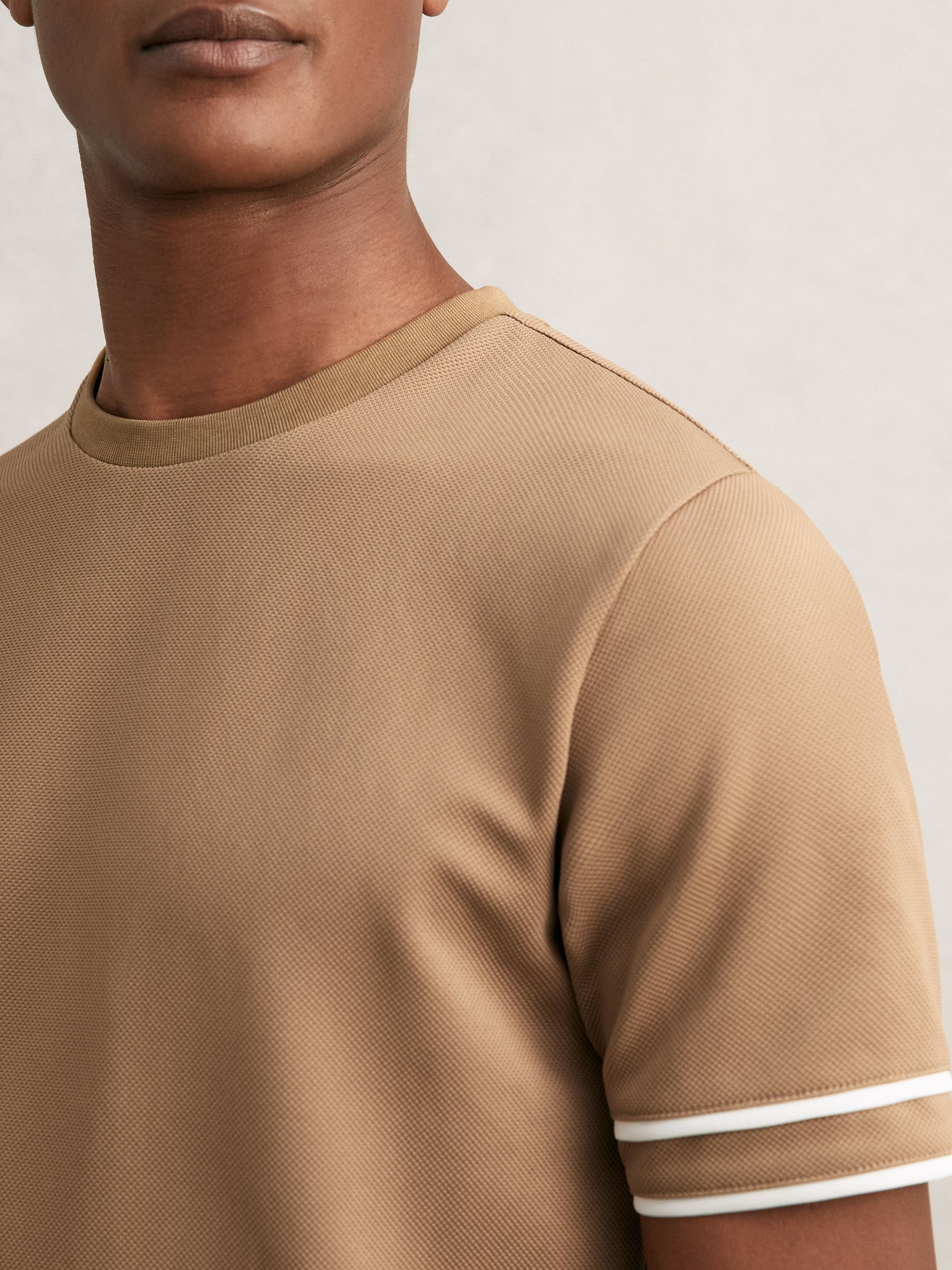 Textured Crew-Neck Tipped T-Shirt in Camel Brown - image 4