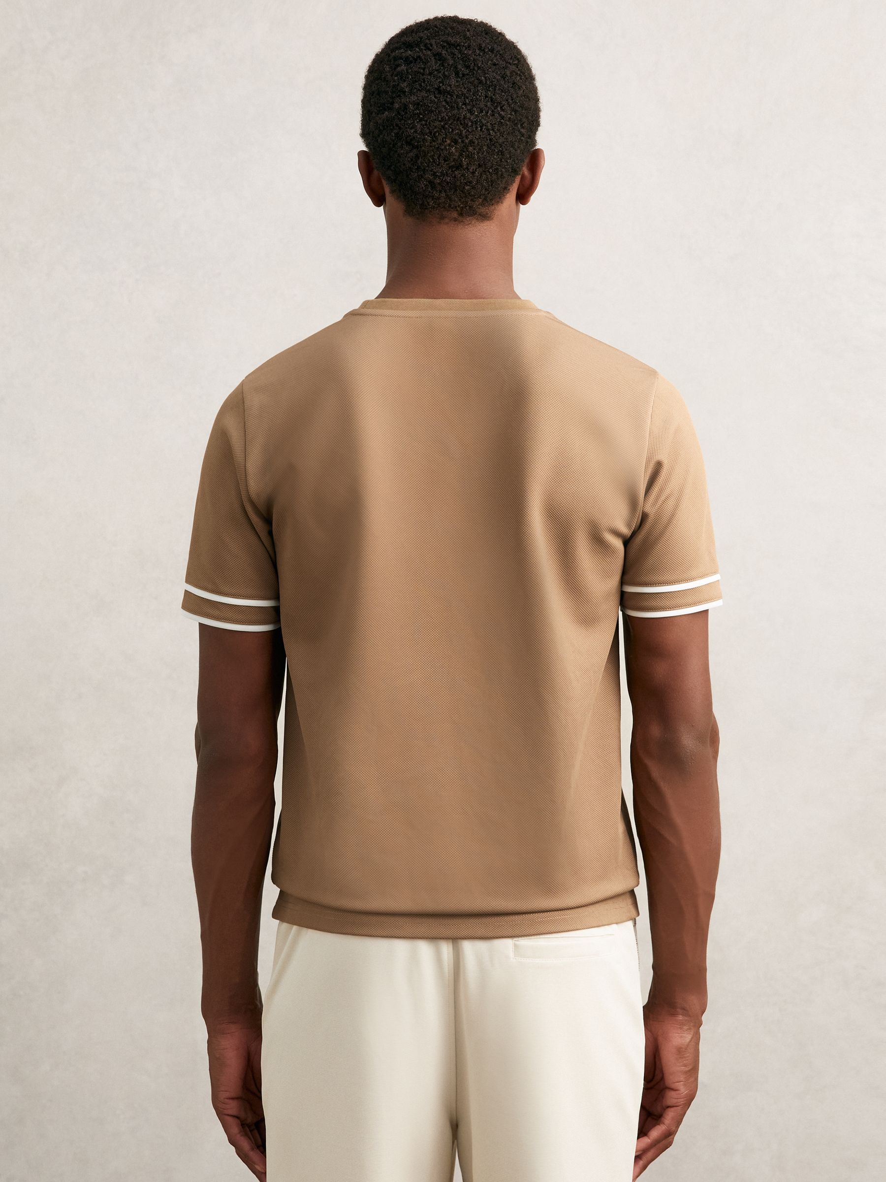 Textured Crew-Neck Tipped T-Shirt in Camel Brown - image 5