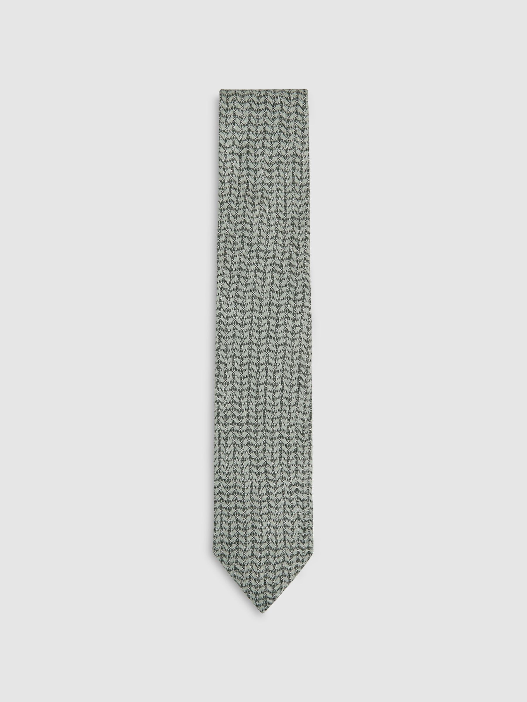 Silk Geometric-Chain Print Tie in Sage - Image 1 of 5