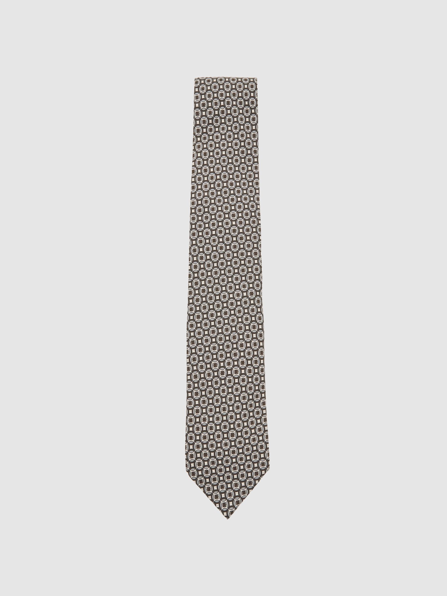 Silk Geometric-Print Tie in Chocolate Brown Multi - Image 1 of 5