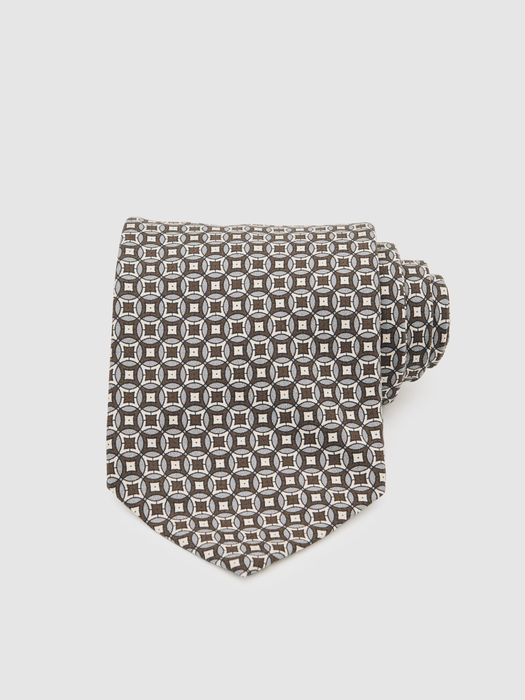 Silk Geometric-Print Tie in Chocolate Brown Multi - Image 2 of 5
