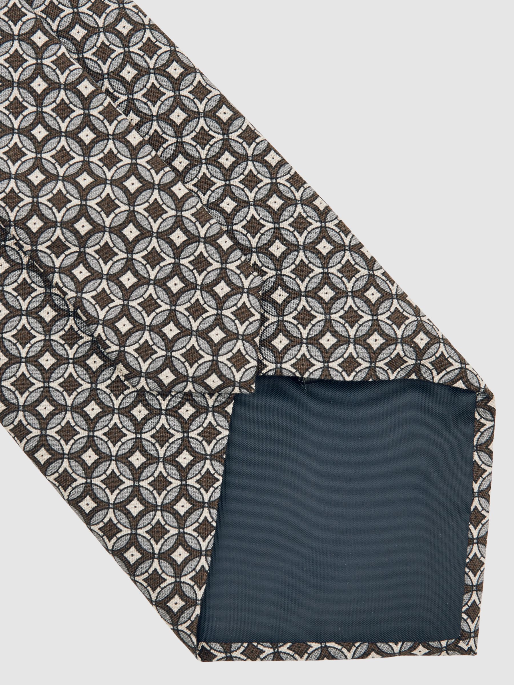 Silk Geometric-Print Tie in Chocolate Brown Multi - Image 4 of 5