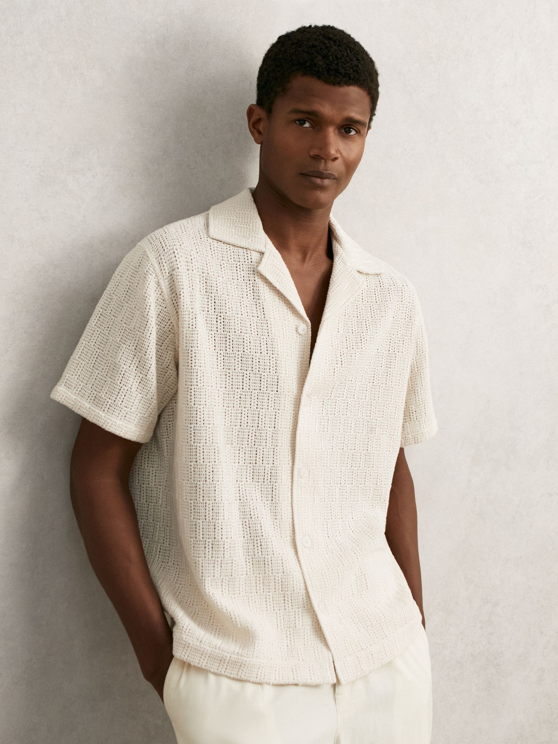 Cotton-Blend Crochet Shirt in Off White - Image 1 of 6 Cotton-Blend Crochet Shirt in Off White - Image 1 of 6