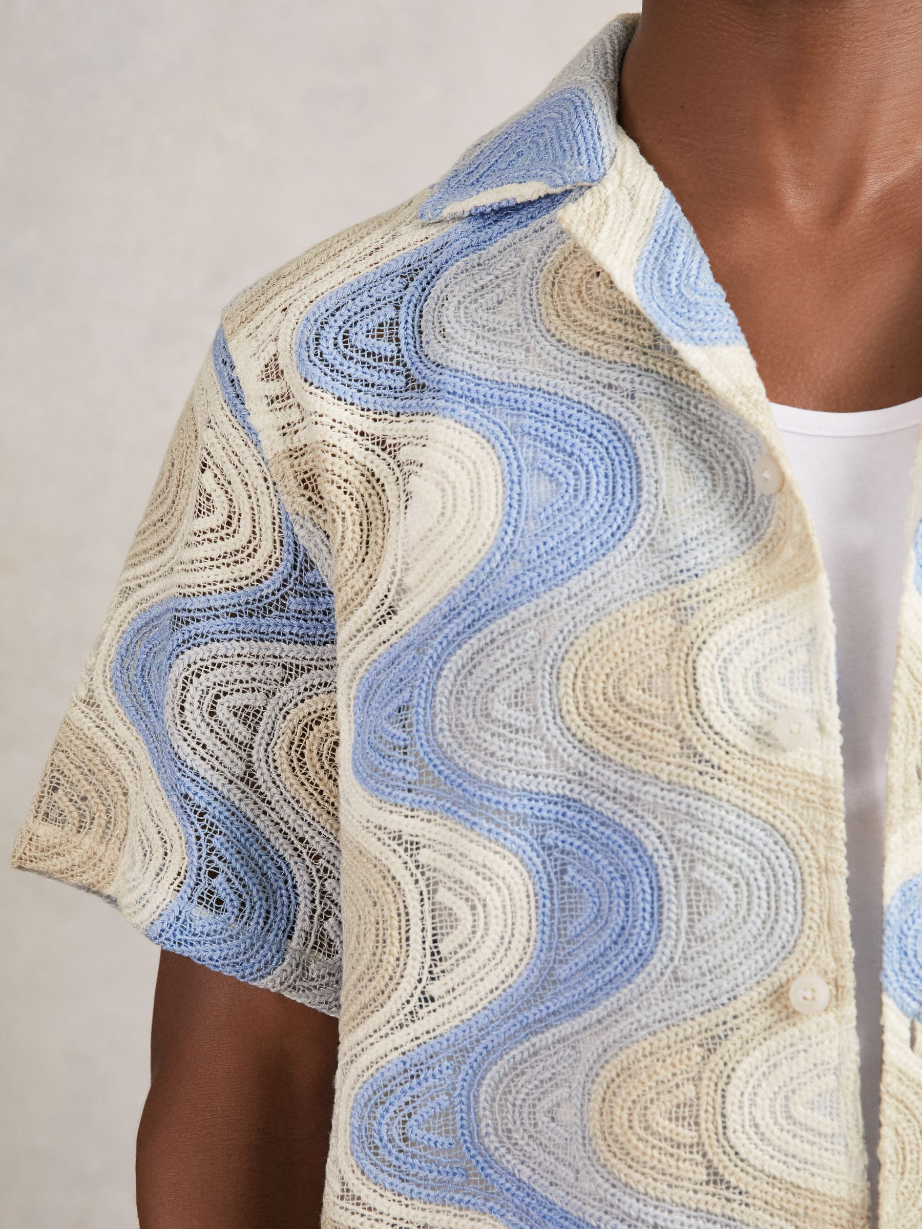 Wave Crochet Cuban Collar Shirt in Blue Multi - image 4