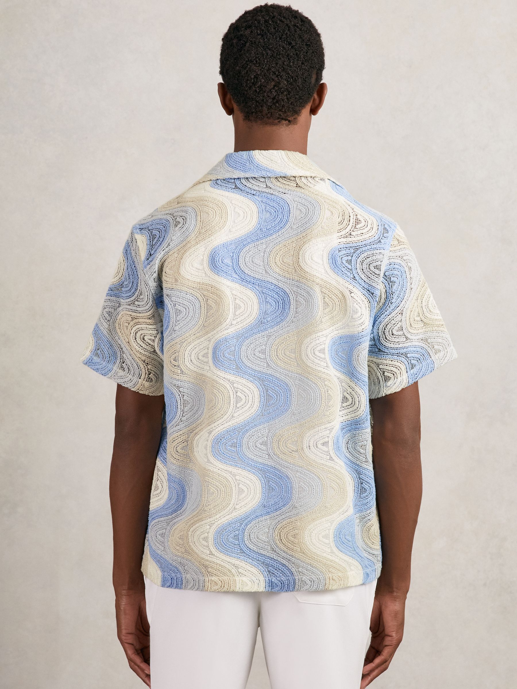 Wave Crochet Cuban Collar Shirt in Blue Multi - image 3