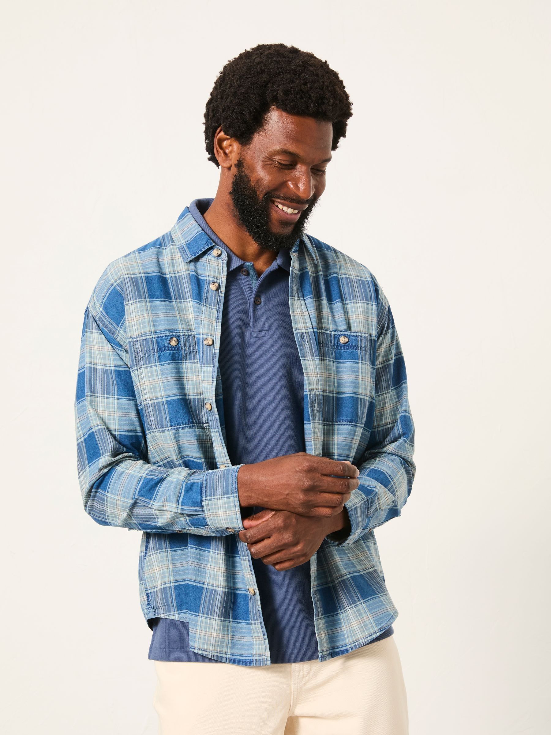 Afton Indigo Blue Long Sleeve Relaxed Fit Indigo Check Shirt
