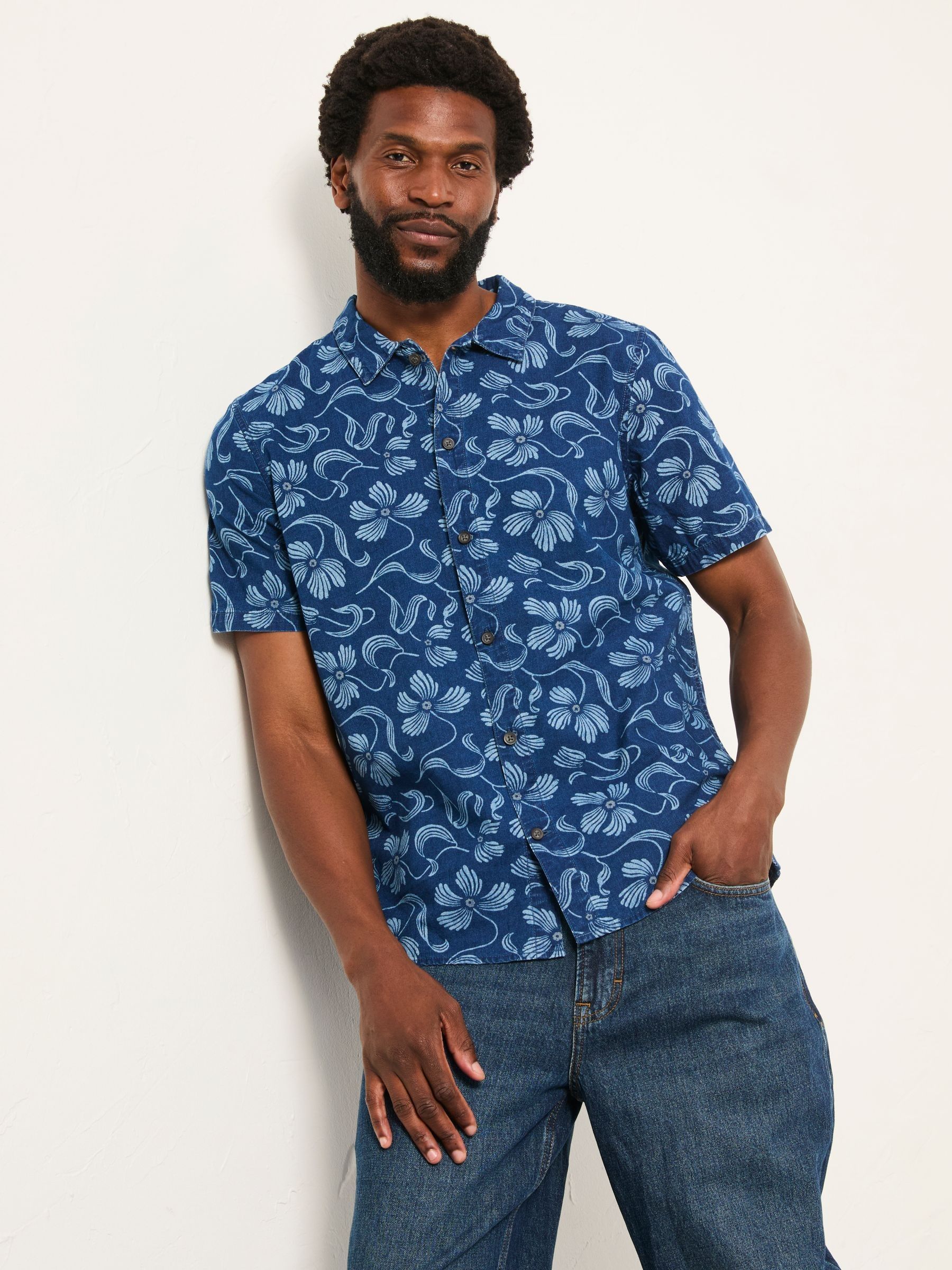 Indigo Blue Short Sleeve Hibiscus Print Shirt - Image 1 of 6