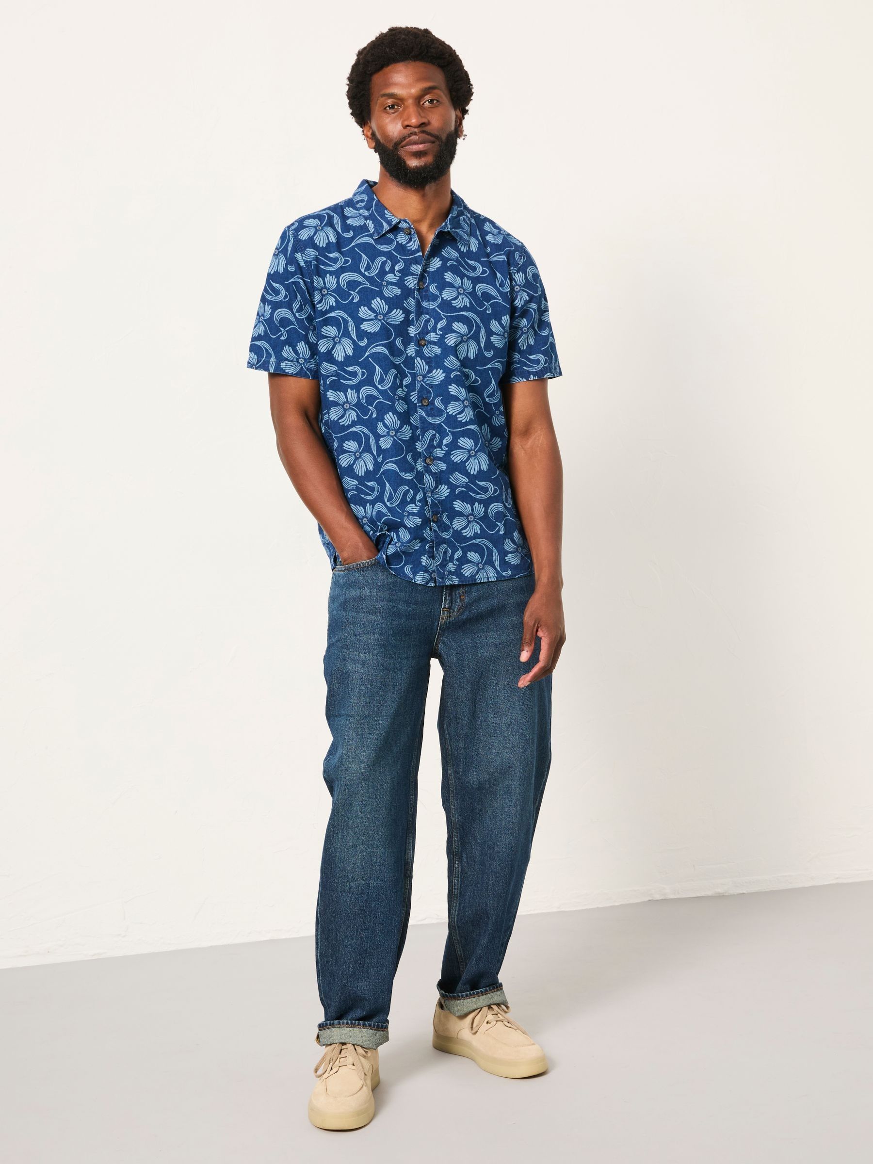 Indigo Blue Short Sleeve Hibiscus Print Shirt - Image 3 of 6