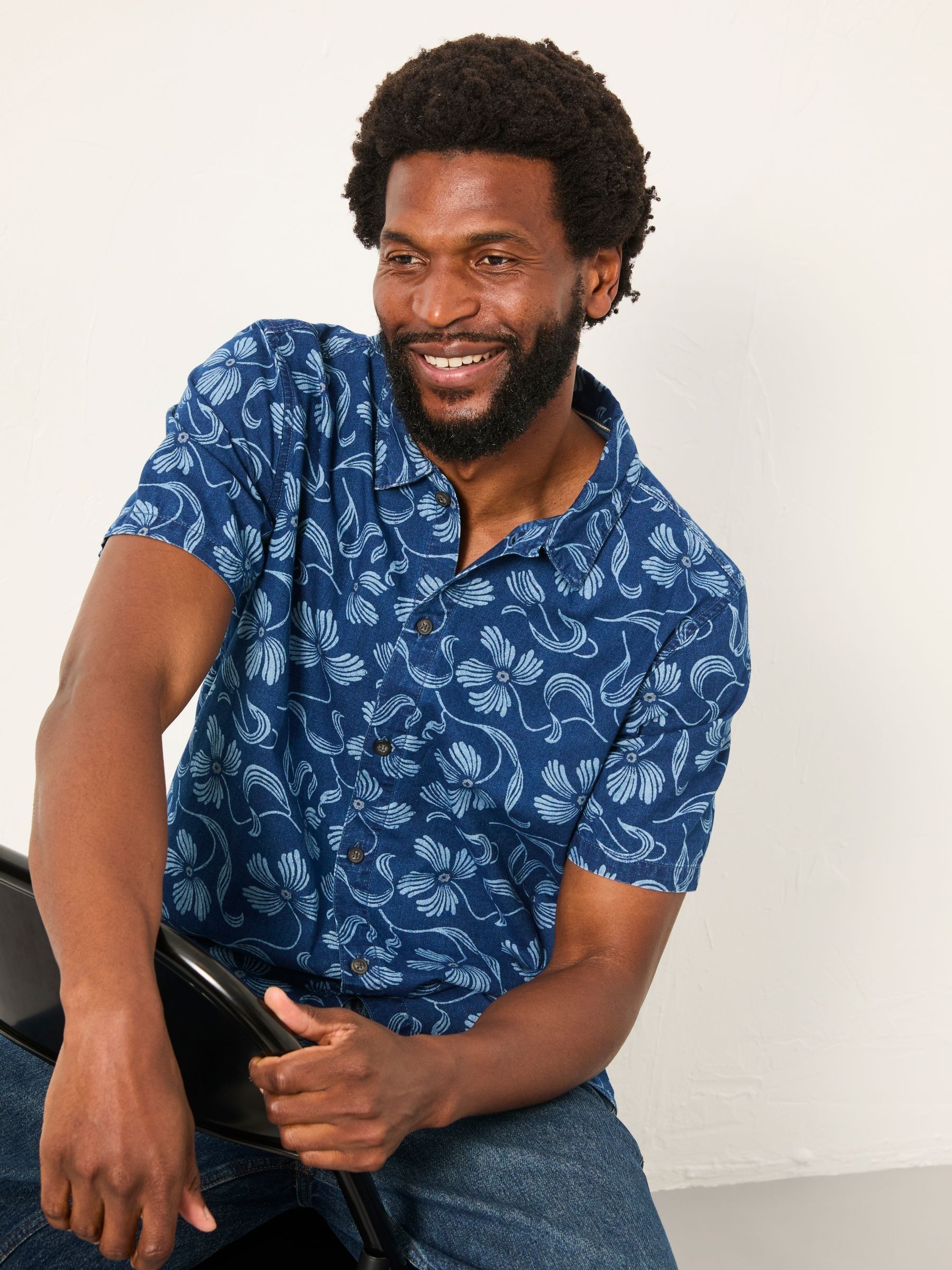 Indigo Blue Short Sleeve Hibiscus Print Shirt - Image 5 of 6