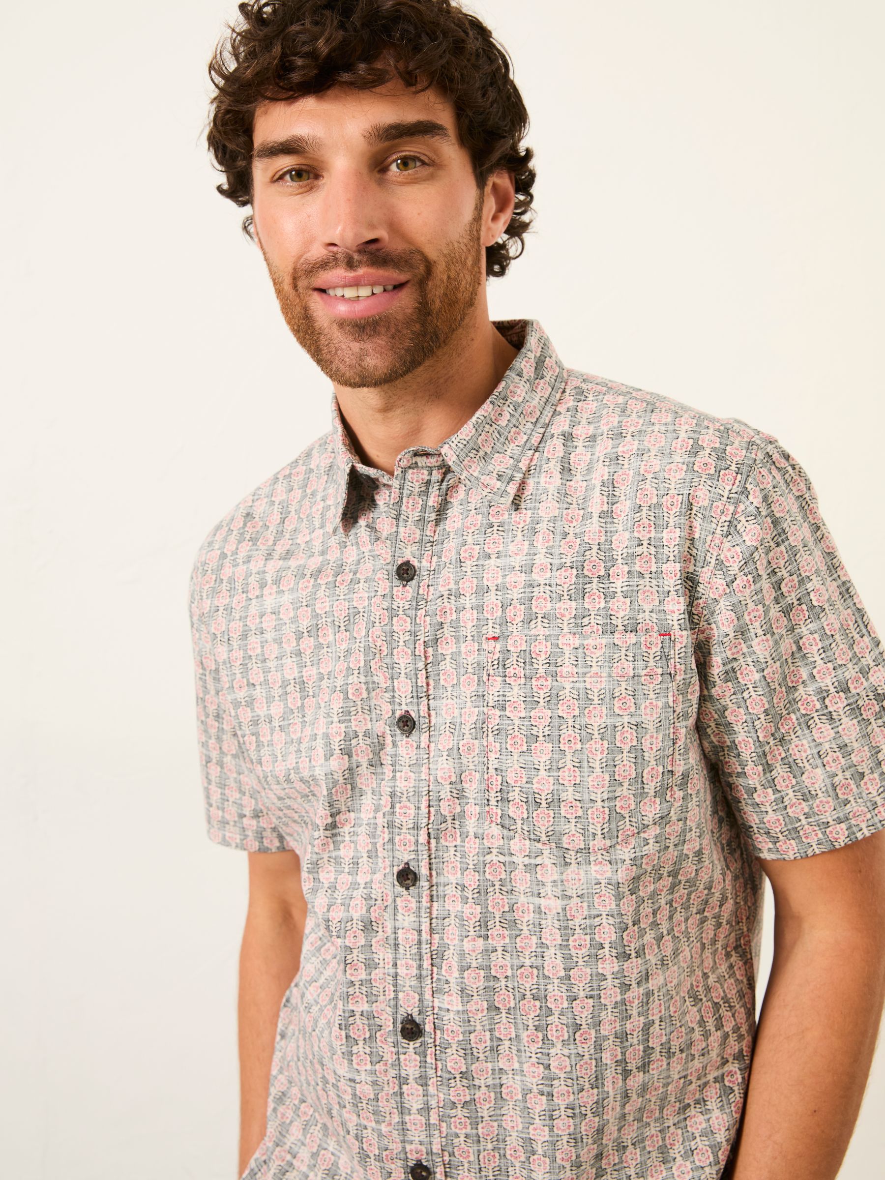 Washed Black Short Sleeve Floral Block Print Shirt - Image 4 of 6