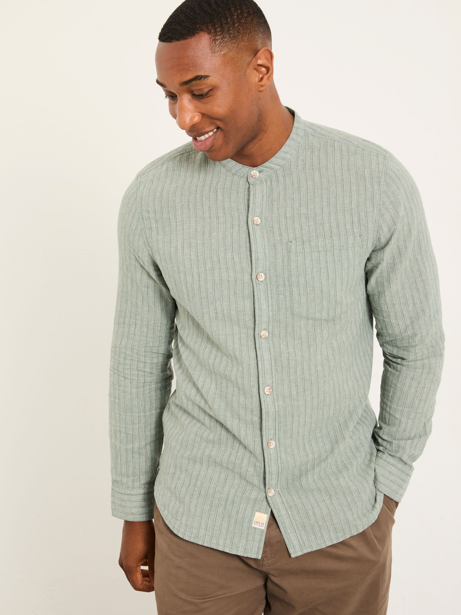 Bugle Dusky Green Stripe Long Sleeve Grandad Linen Cotton Shirt - Image 1 of 6