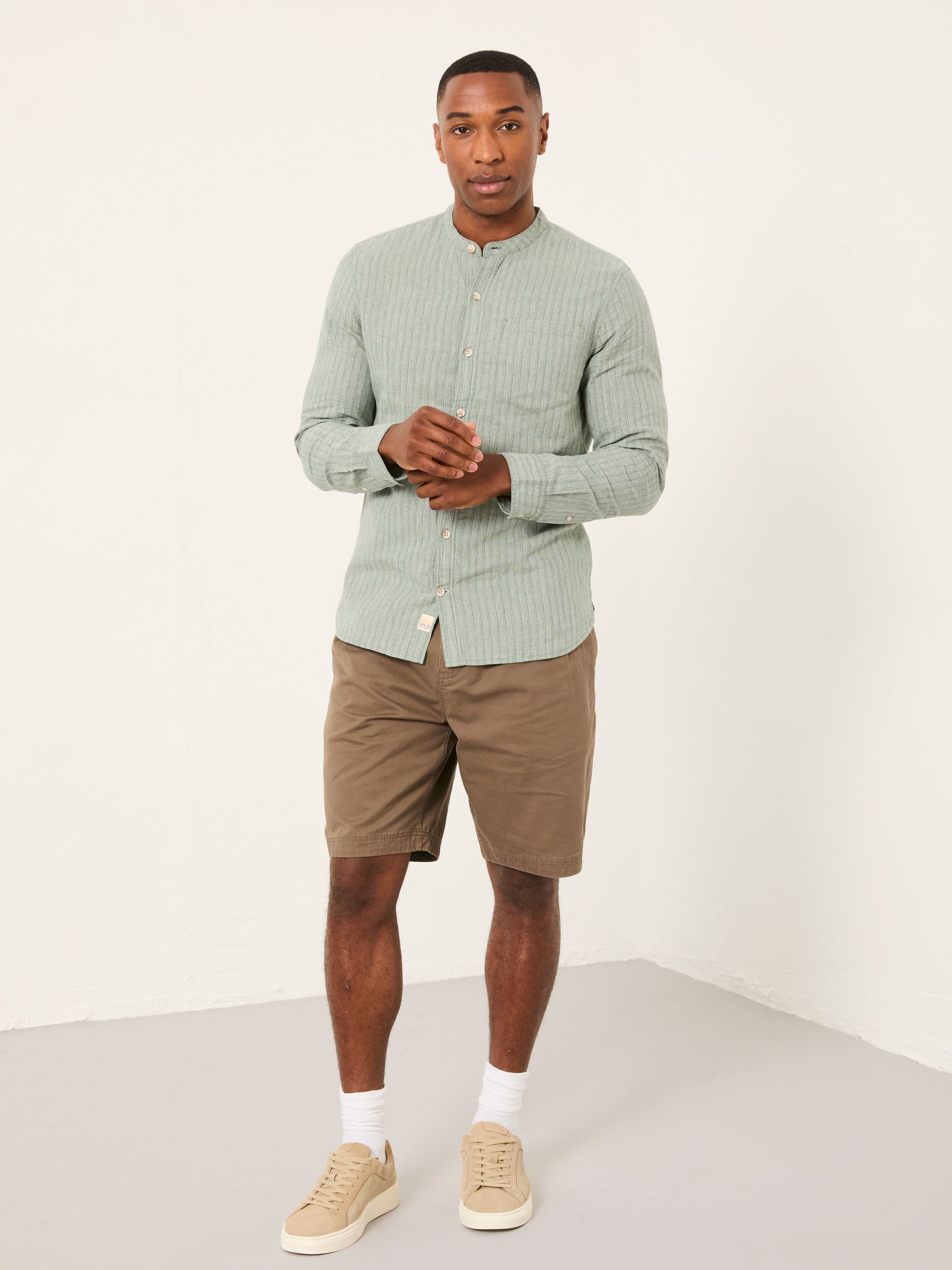 Bugle Dusky Green Stripe Long Sleeve Grandad Linen Cotton Shirt - Image 2 of 6