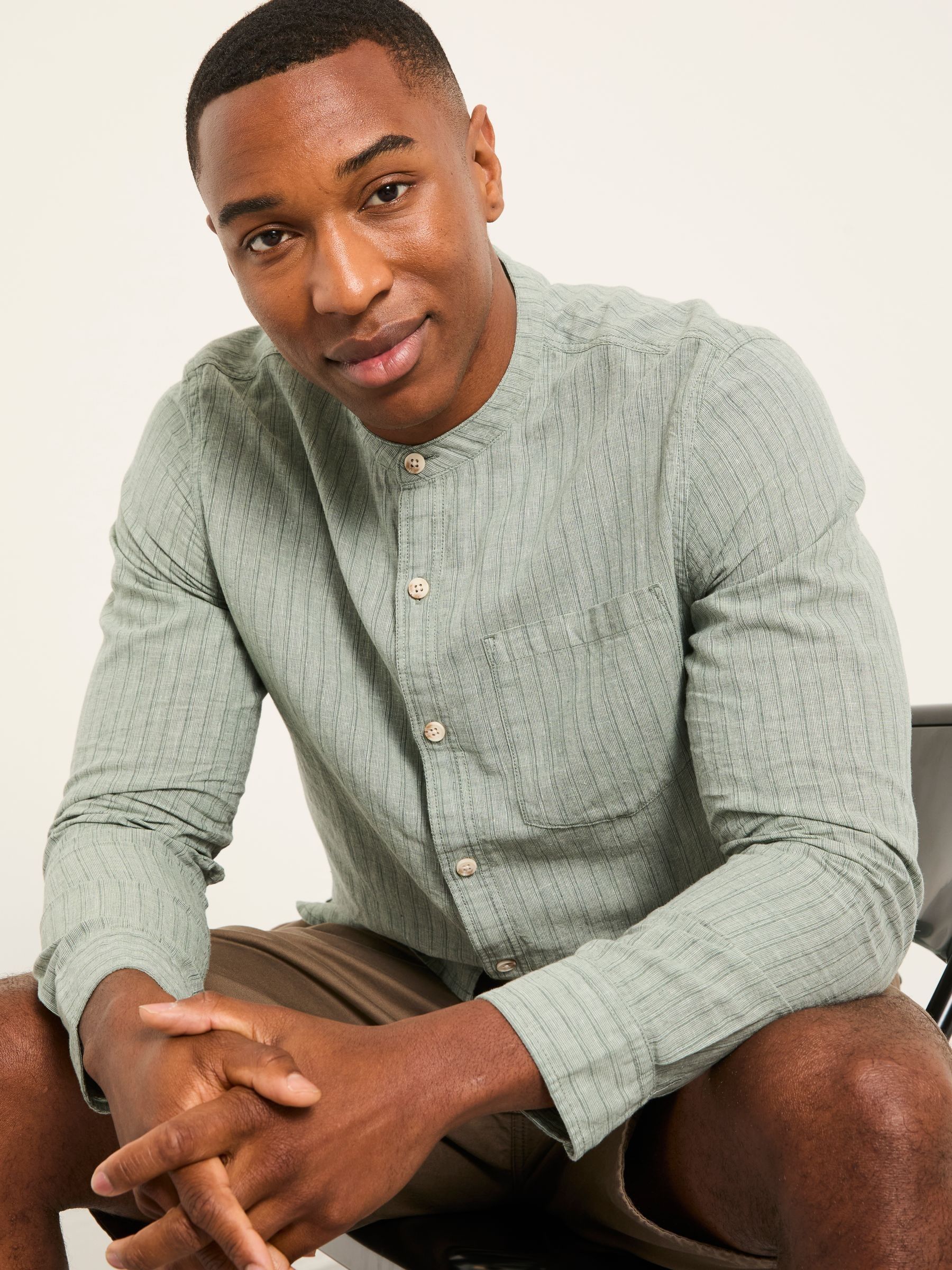 Bugle Dusky Green Stripe Long Sleeve Grandad Linen Cotton Shirt - Image 3 of 6