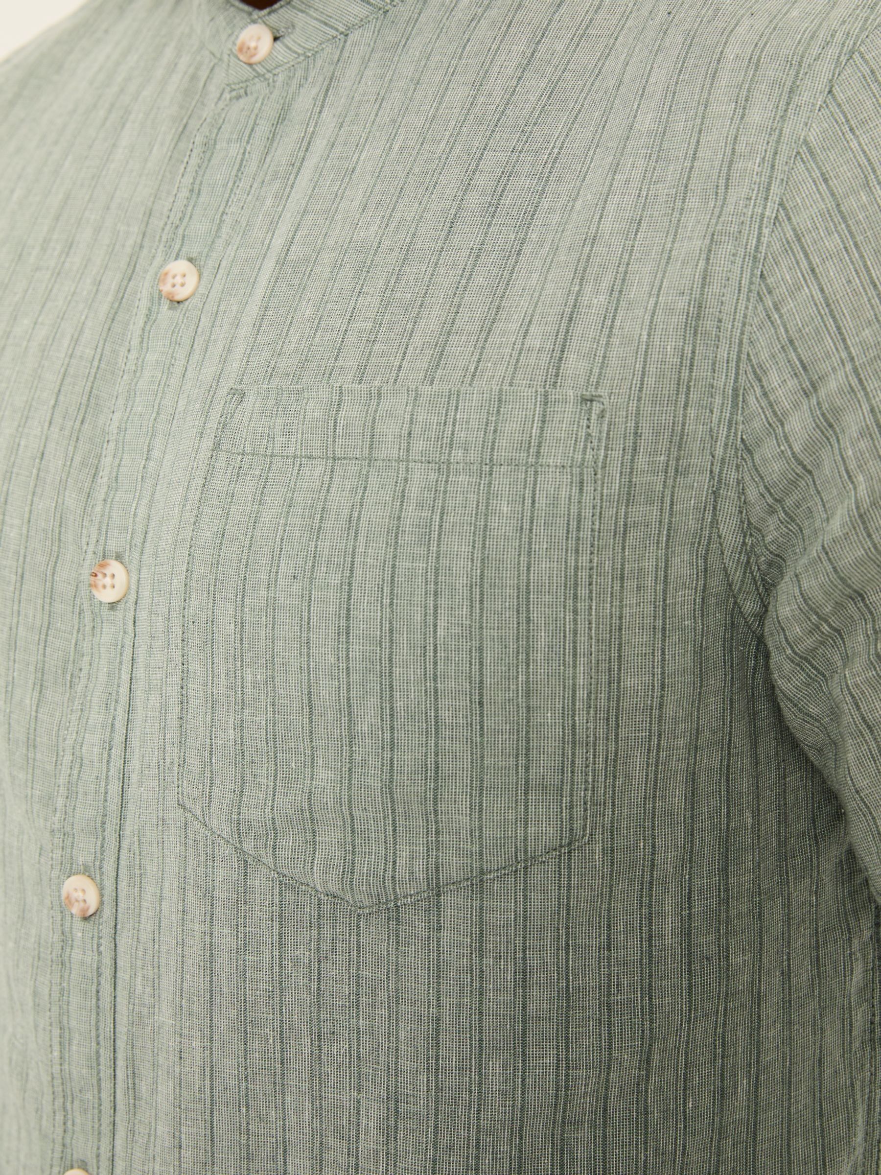Bugle Dusky Green Stripe Long Sleeve Grandad Linen Cotton Shirt - Image 5 of 6