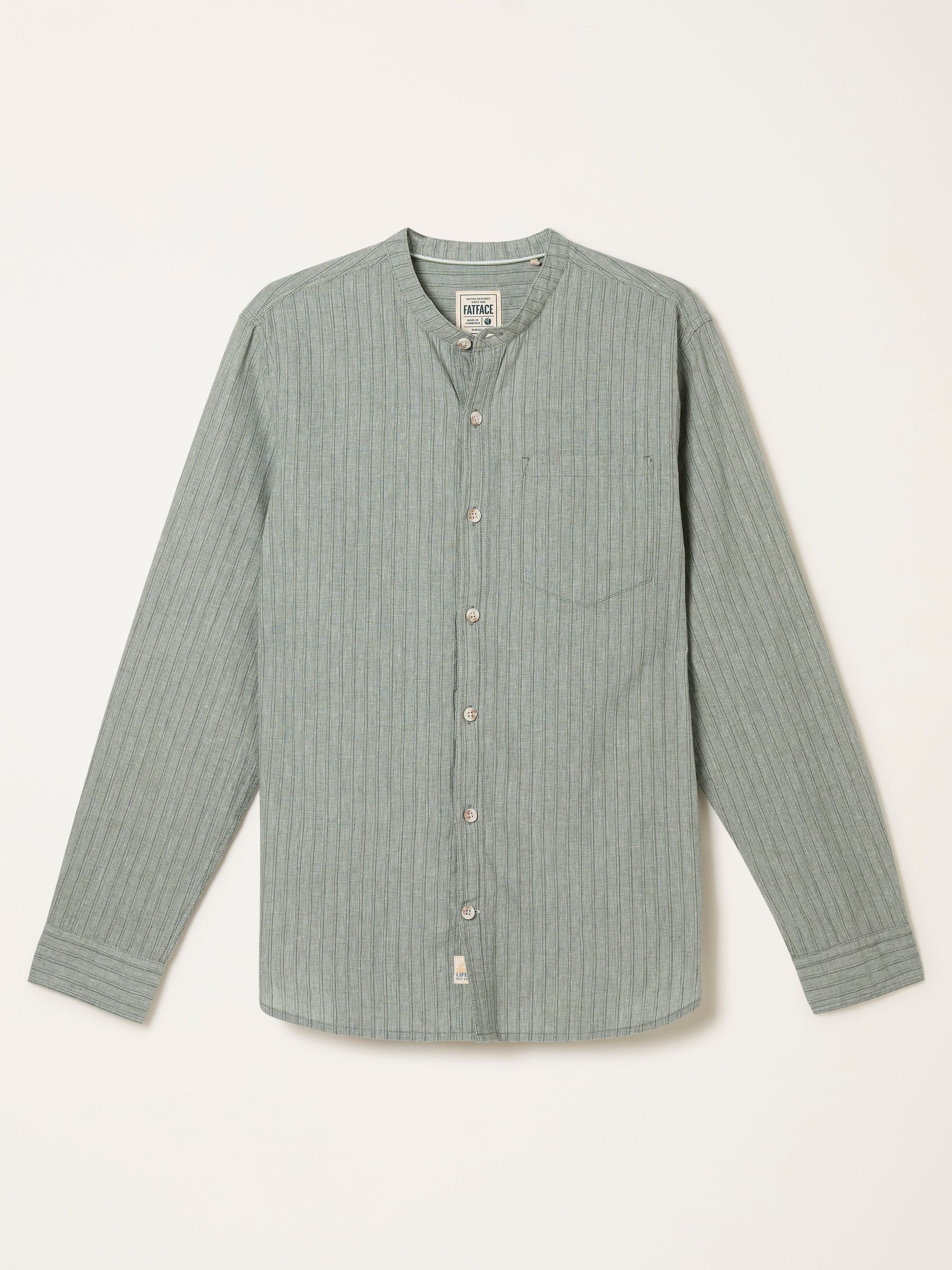 Bugle Dusky Green Stripe Long Sleeve Grandad Linen Cotton Shirt - Image 6 of 6