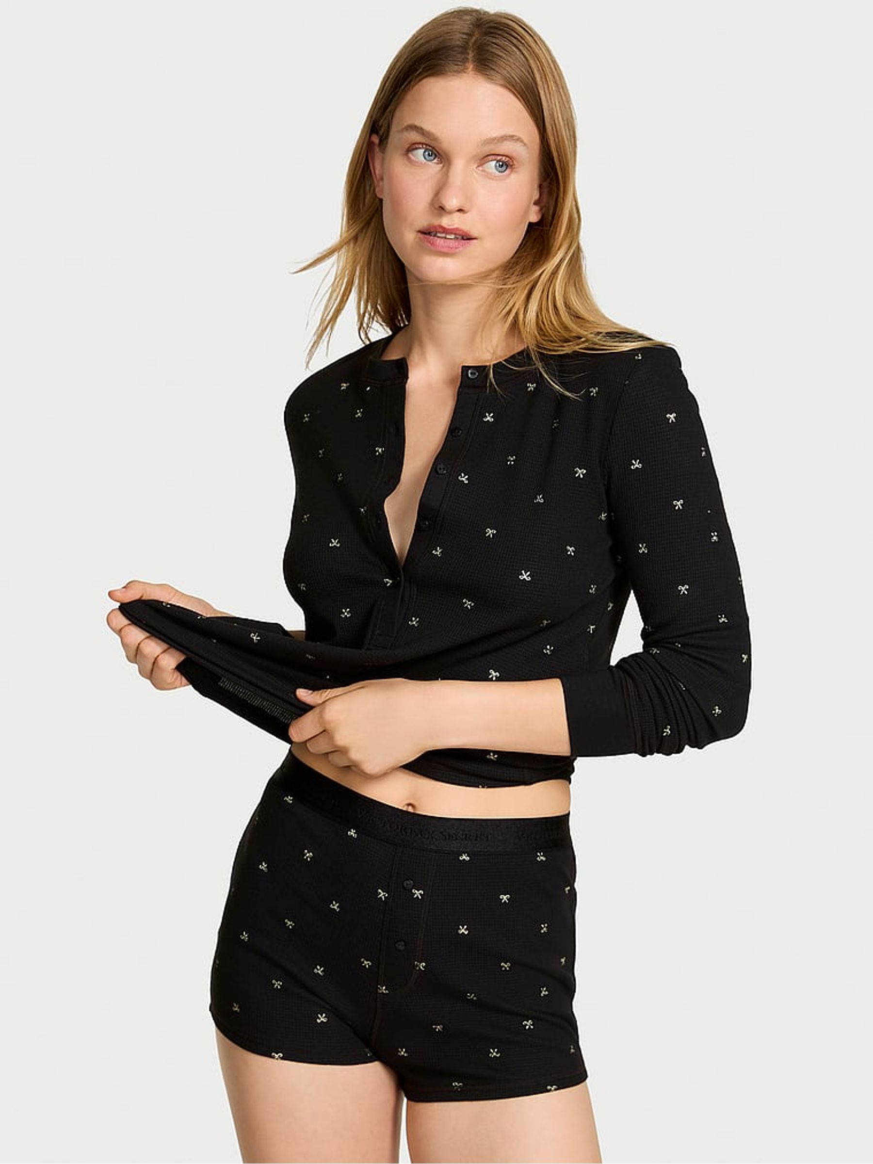 Black with Foil Christmas Bows Thermal Short Pyjamas Set - Image 1 of 3 Black with Foil Christmas Bows Thermal Short Pyjamas Set - Image 1 of 3