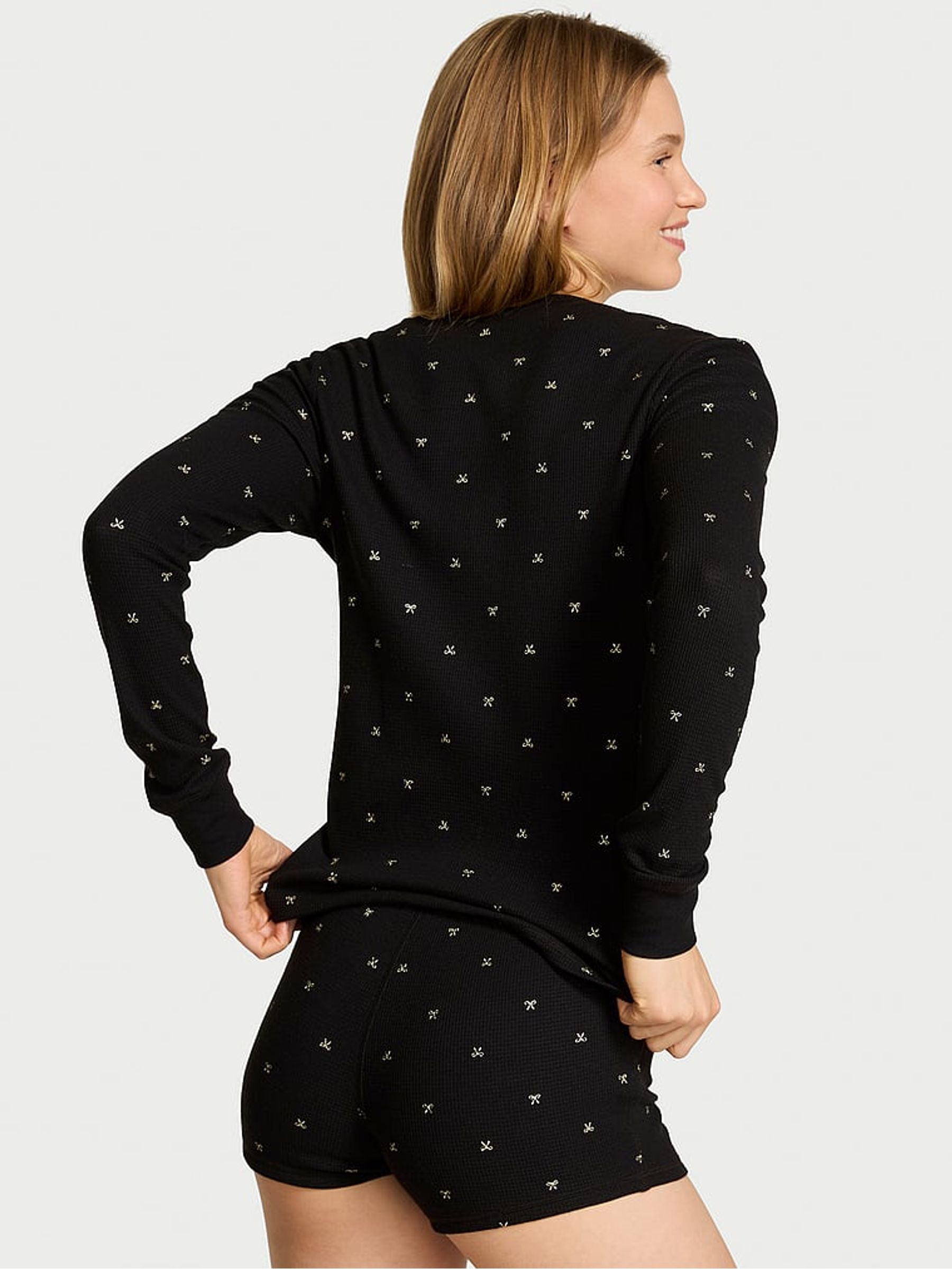 Black with Foil Christmas Bows Thermal Short Pyjamas Set - Image 2 of 3