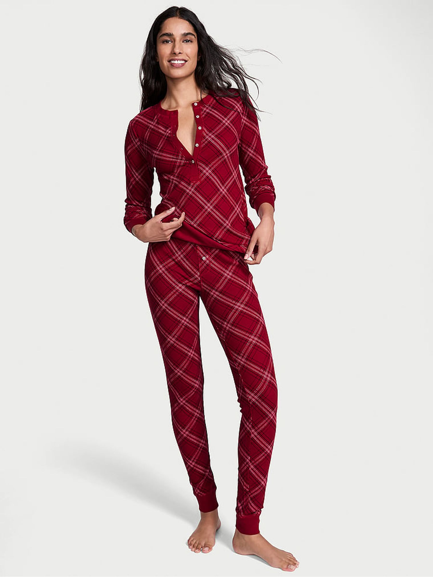Red Lacquer Christmas Tartan Thermal Long Pyjamas Set - Image 1 of 3 Red Lacquer Christmas Tartan Thermal Long Pyjamas Set - Image 1 of 3