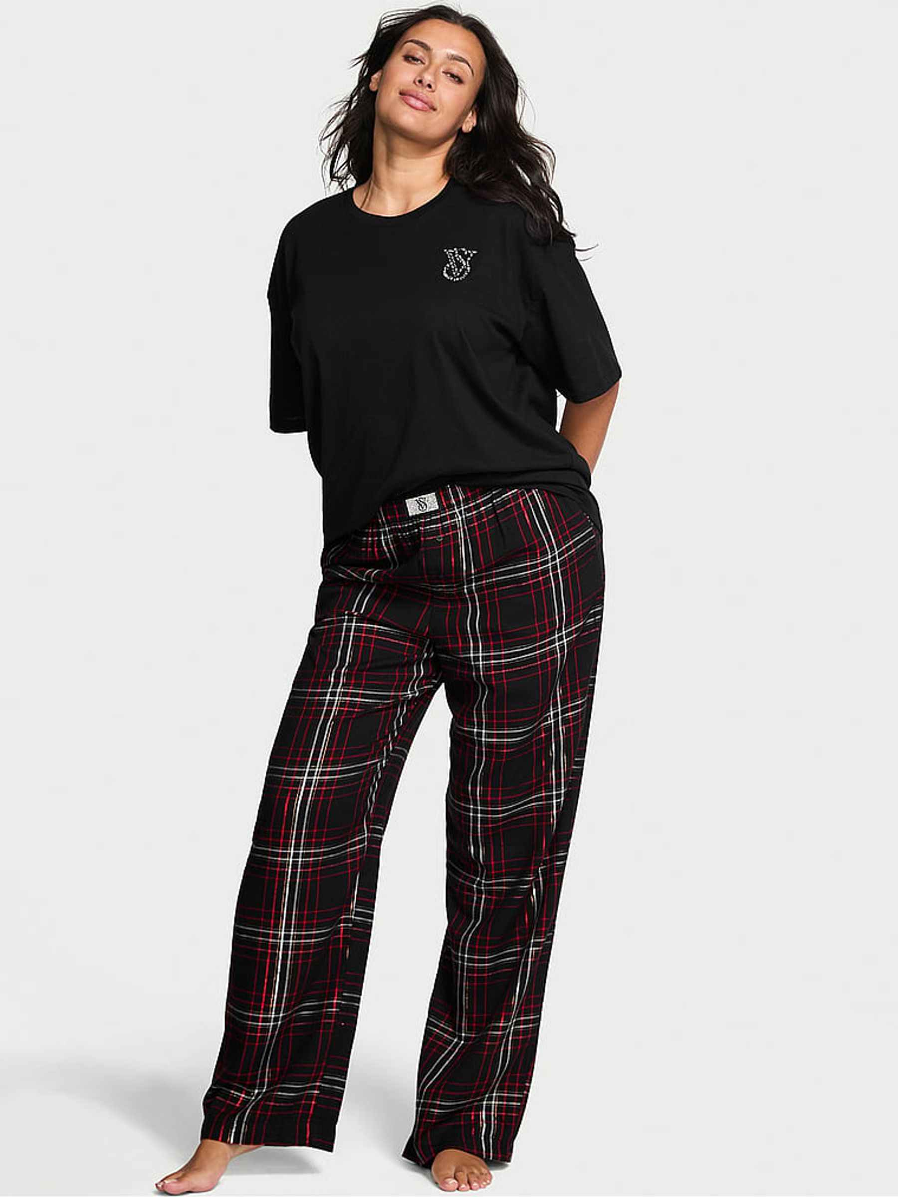 Black Christmas Tartan Short Sleeve Long Flannel Pyjama Set - Image 1 of 2